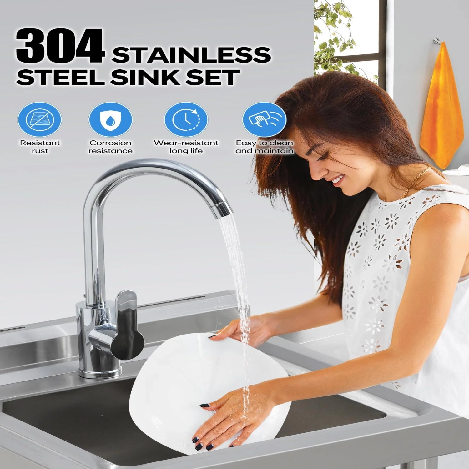 Garvee 80cm Lavello Autoportante in Acciaio Inox 304 Vasca Singola Profonda con Rubinetto per Acqua Calda e Fredda e Gambe Regolabili per Cucina e Garage