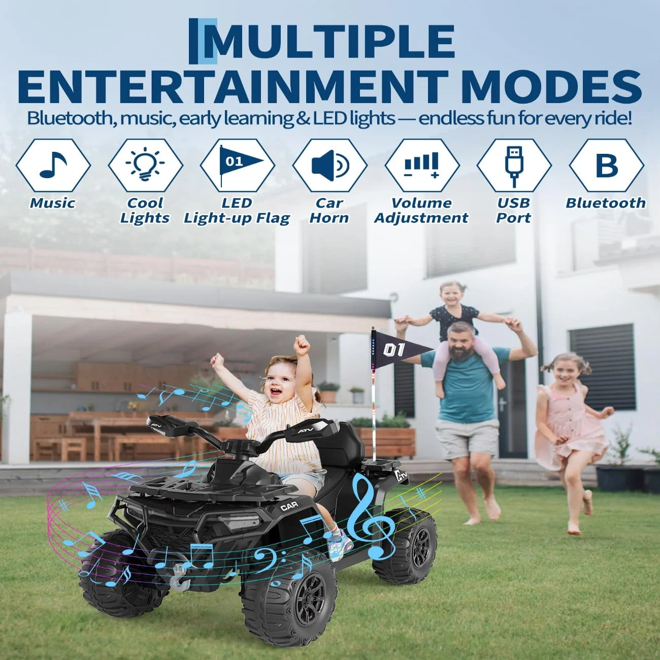 Quad elettrico per bambini Garvee 12V nero con telecomando, musica a LED per guida fuoristrada, dai 3 anni in su