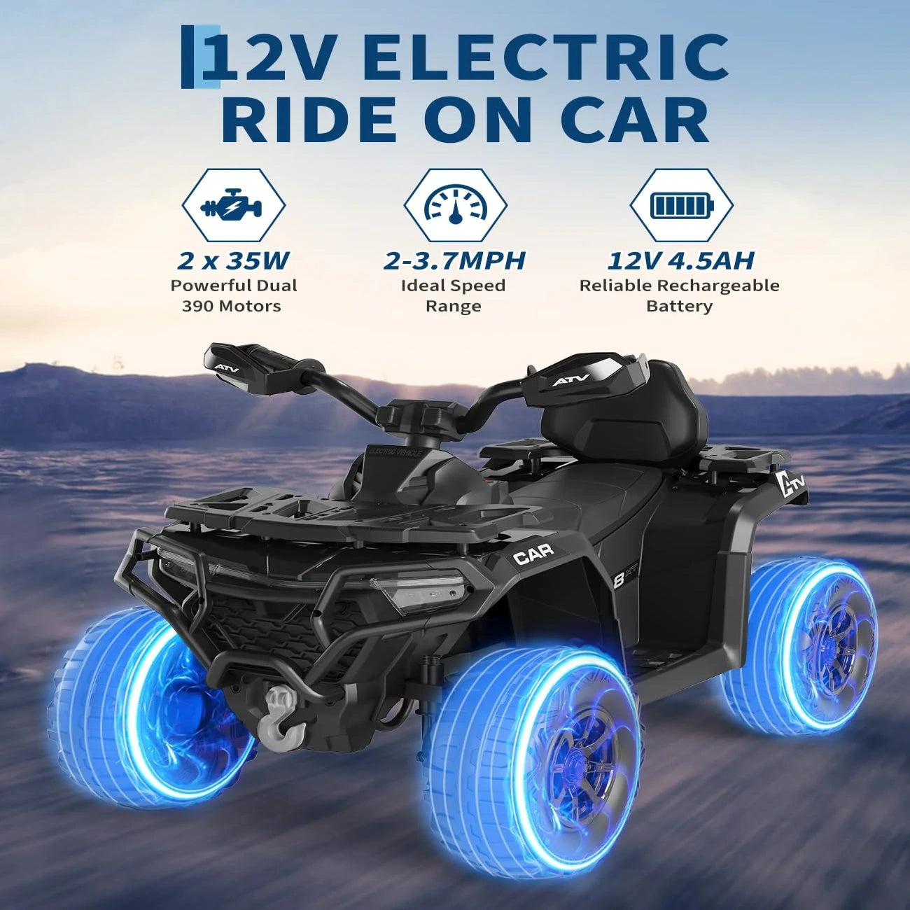 Quad elettrico per bambini Garvee 12V nero con telecomando, musica a LED per guida fuoristrada, dai 3 anni in su