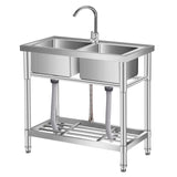 GARVEE Lavello Professionale in Acciaio Inox 84 cm, Doppia Vasca con Rubinetto Acqua Calda e Fredda e Piano di Lavoro, per Cucina e Esterno