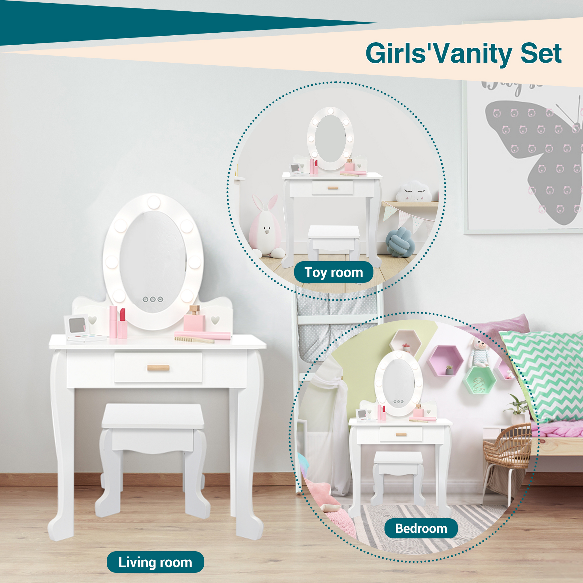 Set da toeletta per bambini Garvee con specchio e luce, in legno MDF, bordi arrotondati, sgabello, per bambine dai 4 ai 9 anni, bianco, per camera da letto e sala giochi