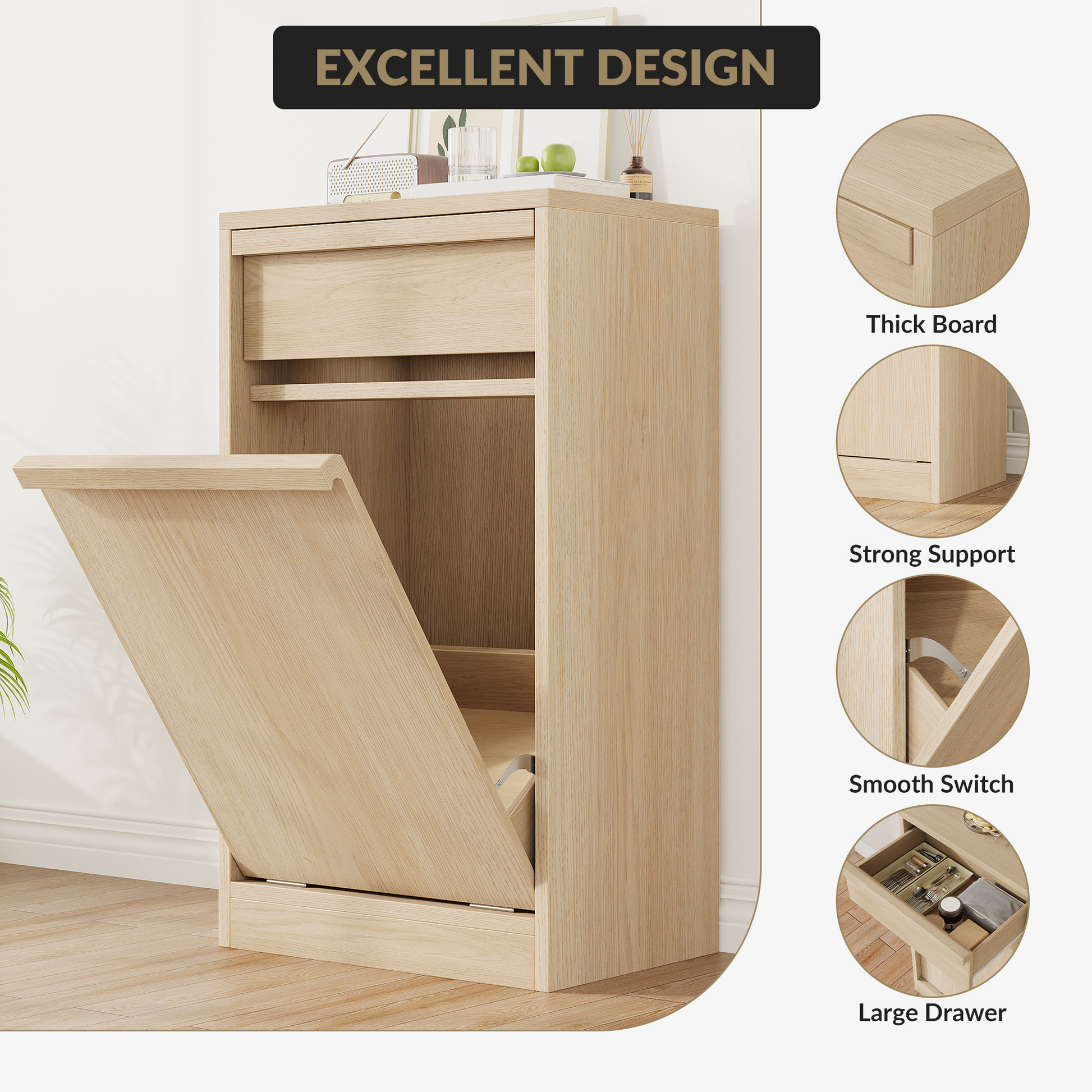 Pattumiera Garvee con funzione di inclinazione, a prova di animali domestici, salvaspazio, in legno, indipendente, robusta, per cucina e soggiorno, 10 galloni