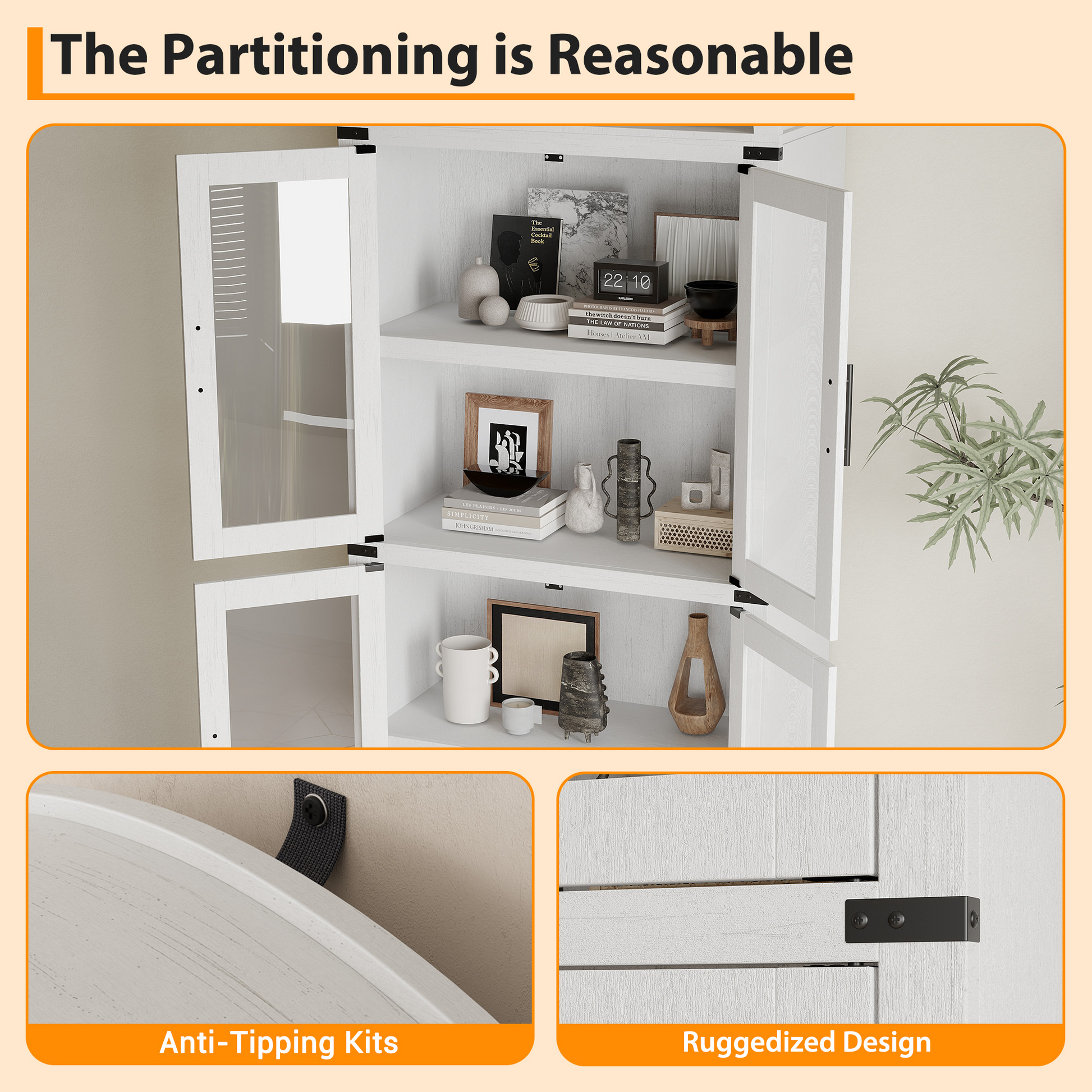 Mobiletto ad arco Garvey alto 71,6" per dispensa da cucina in legno stile fattoria, grande spazio di archiviazione, bianco