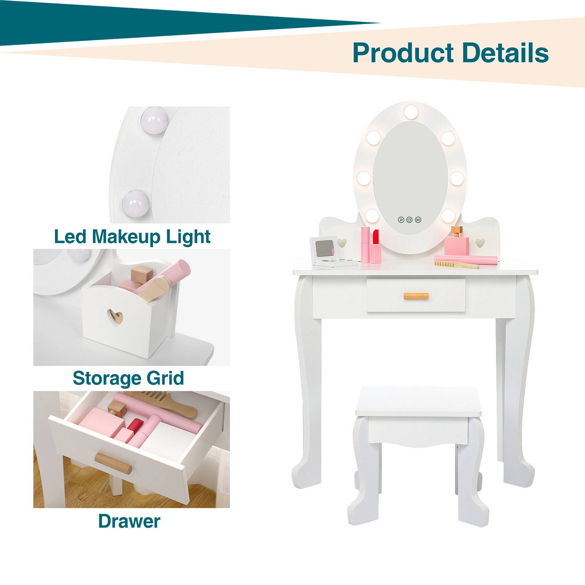 Set da toeletta per bambini Garvee con specchio e luce, in legno MDF, bordi arrotondati, sgabello, per bambine dai 4 ai 9 anni, bianco, per camera da letto e sala giochi