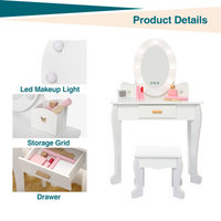 Set da toeletta per bambini Garvee con specchio e luce, in legno MDF, bordi arrotondati, sgabello, per bambine dai 4 ai 9 anni, bianco, per camera da letto e sala giochi