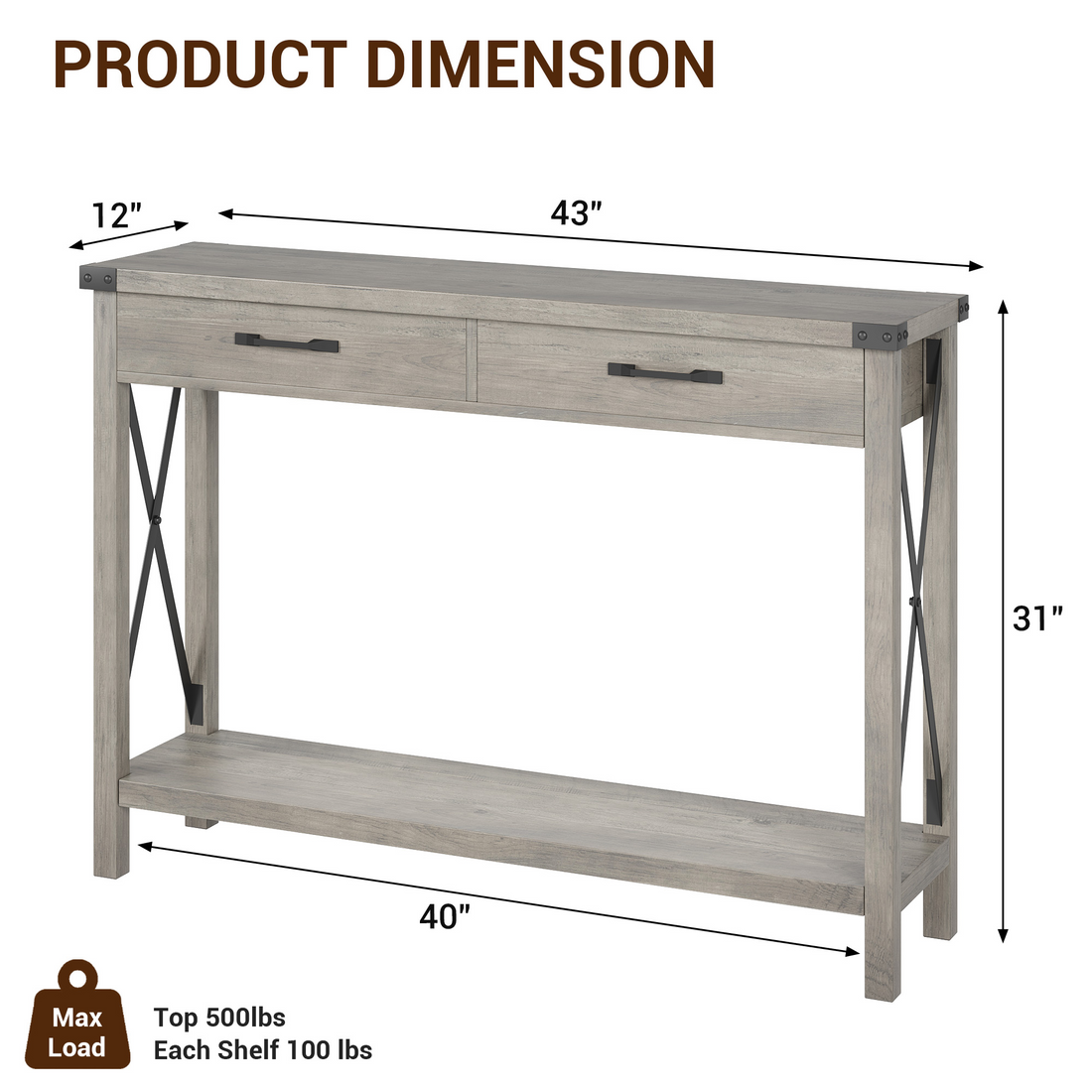 Consolle Garvee con 2 cassetti, stile rustico, ripiano portaoggetti, MDF e metallo, grigio, per corridoio e soggiorno