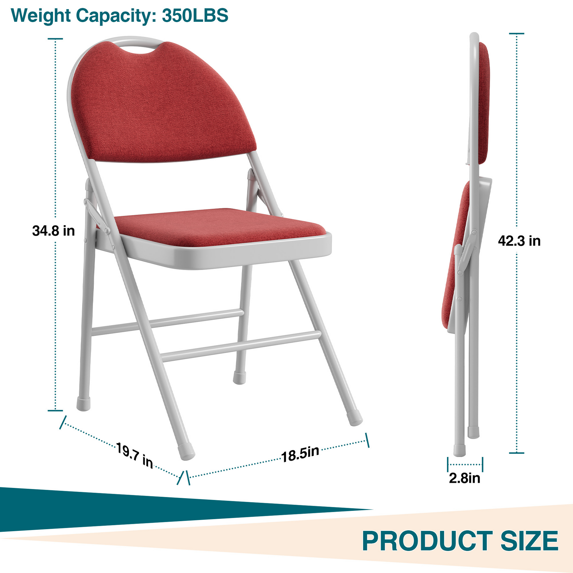 Garvee Set 2 sedie pieghevoli con tessuto in lino imbottito, metallo, ergonomiche, impilabili per campeggio e ufficio, rosso