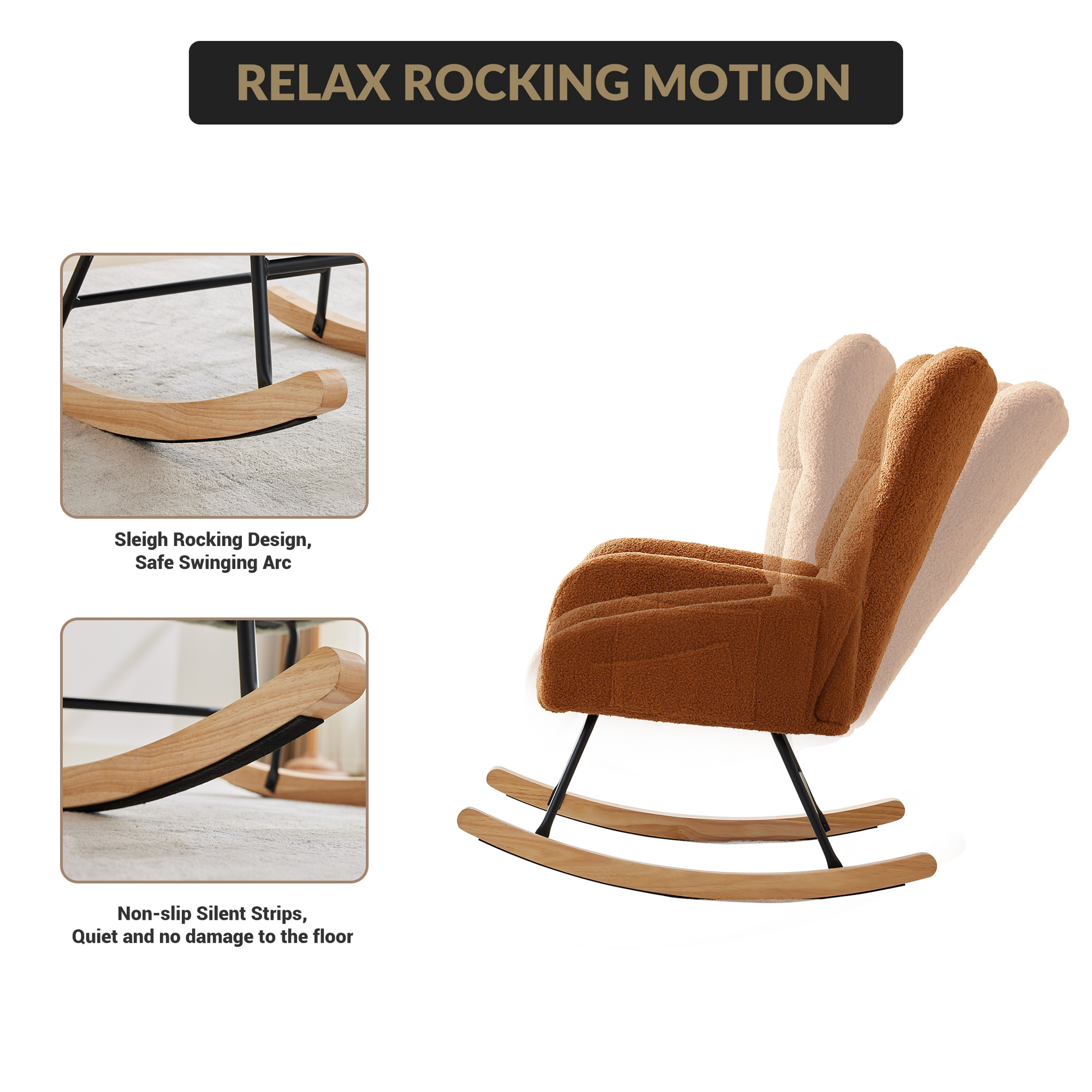 Sedia a dondolo per cameretta dei bambini Garvee, ergonomica, morbida, con rivestimento Teddy, struttura in ferro e gambe in legno, marrone, per allattamento e relax.