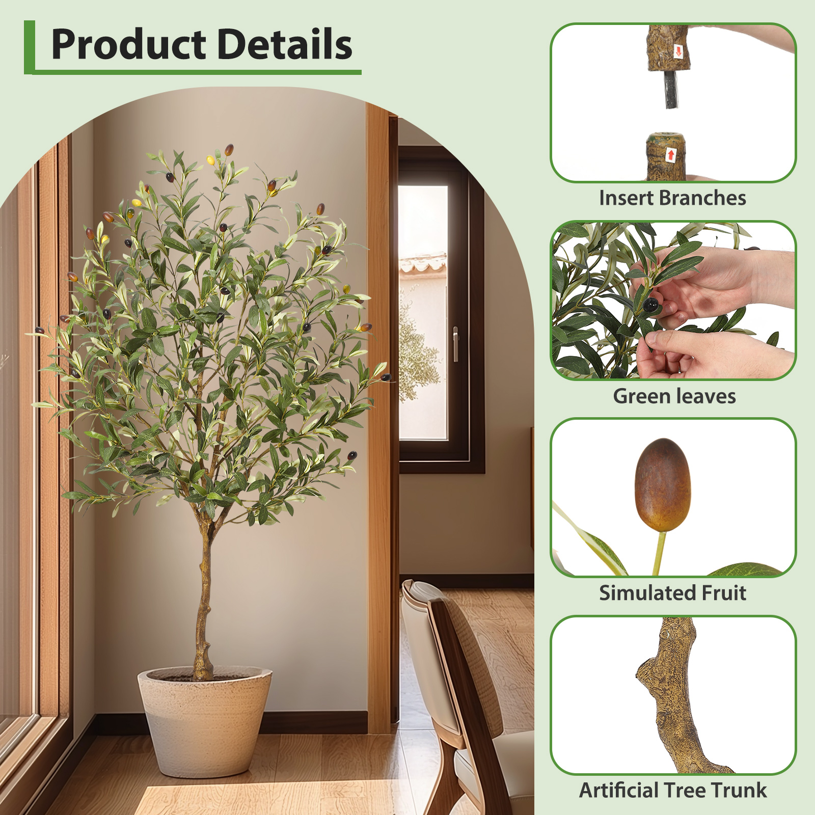 Albero di ulivo artificiale Garvee da 4 piedi con tronco realistico, foglie e frutti per soggiorno e ufficio, struttura in metallo resistente, facile da pulire