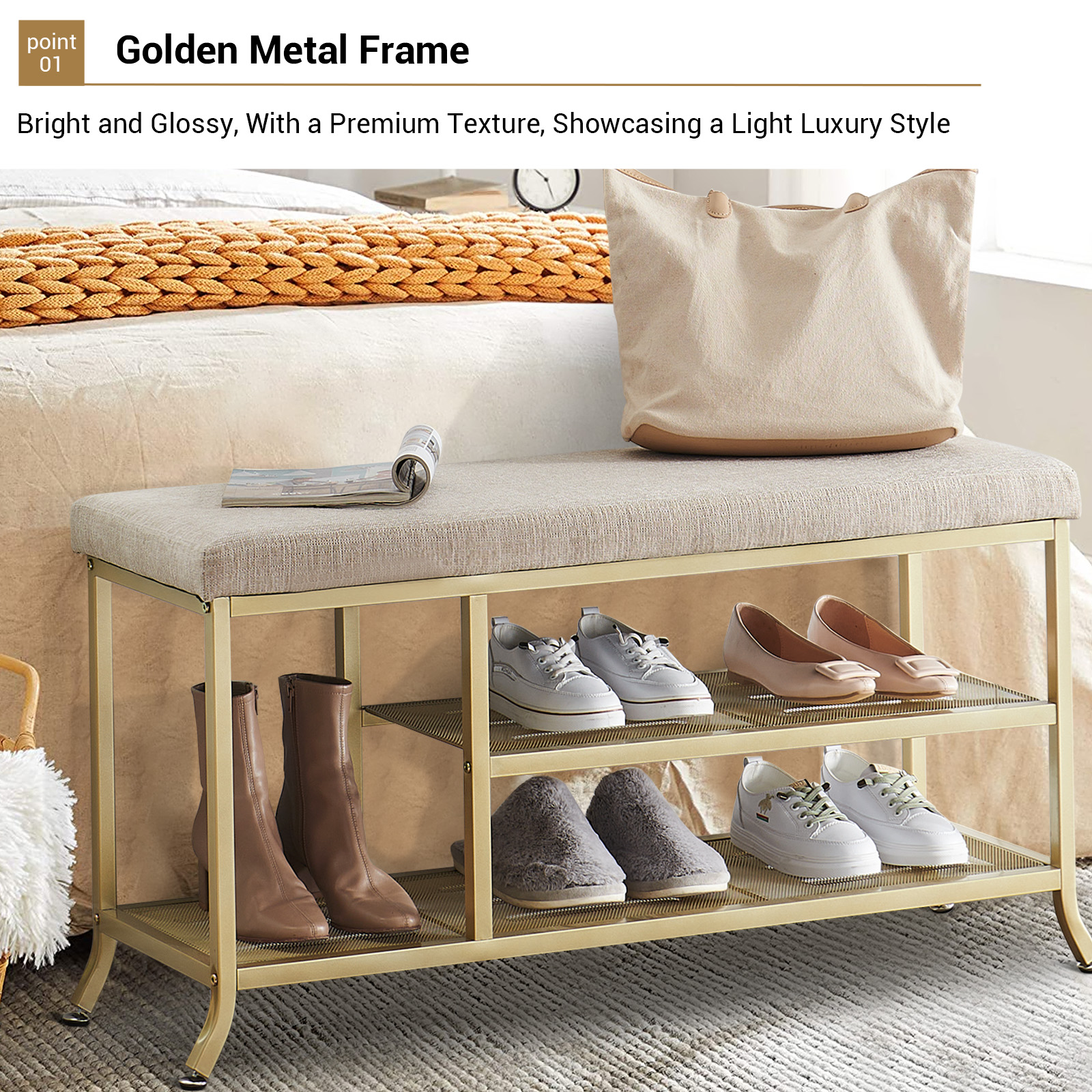 Scarpiera Garvee a 3 ripiani con panca imbottita, struttura in metallo, robusta per corridoio e camera da letto, 39,3x12,6x18,9 pollici, grigio