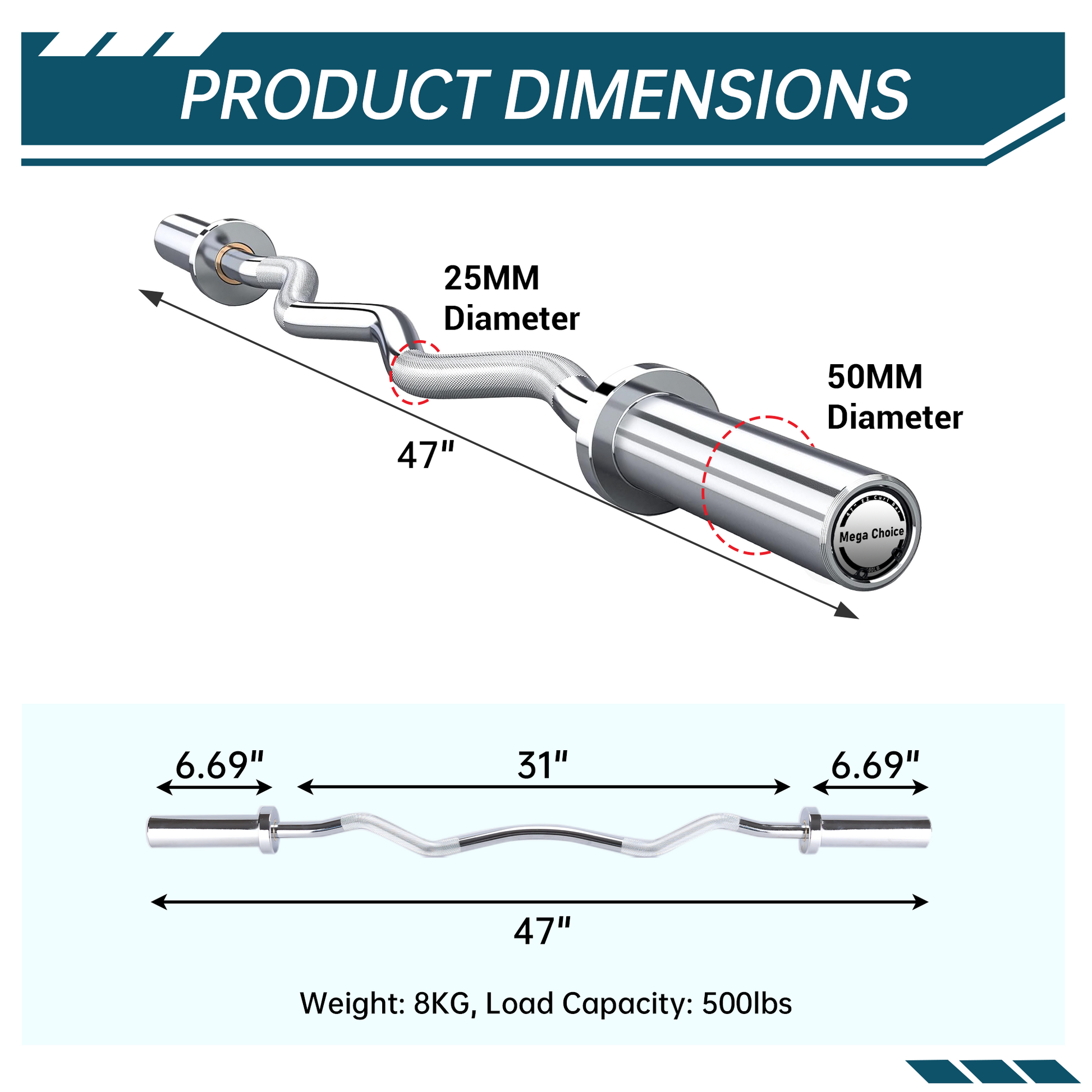 Bilanciere Garvee Olympic EZ Curl da 47" - Ergonomico, capacità 500 libbre, acciaio legato, manicotti in rame, pesi standard da 2", collari a molla, palestra
