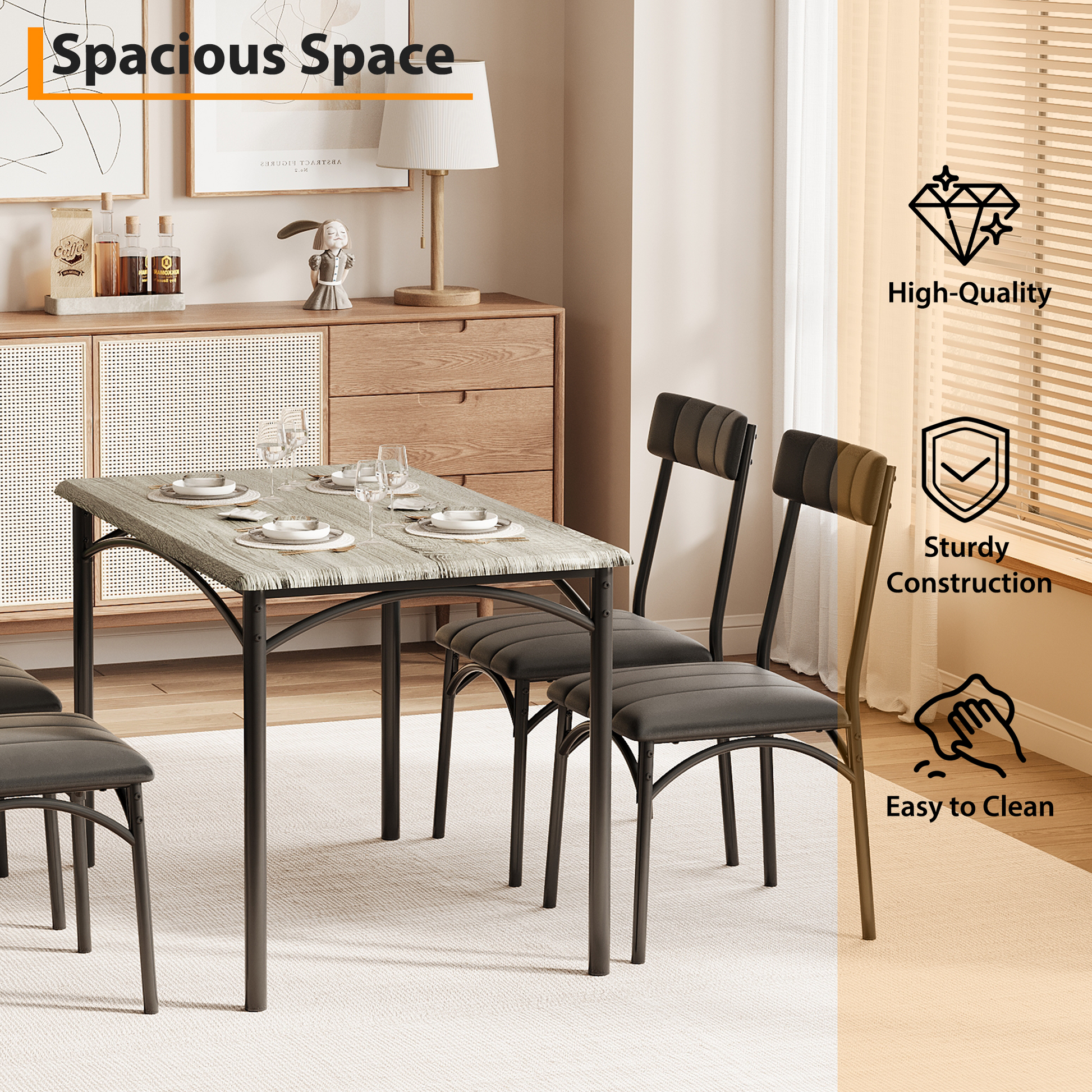 Set da pranzo Garvee, 5 pezzi, sedie imbottite, MDF robusto e acciaio, grigio rustico, per stanze e appartamenti di piccole dimensioni