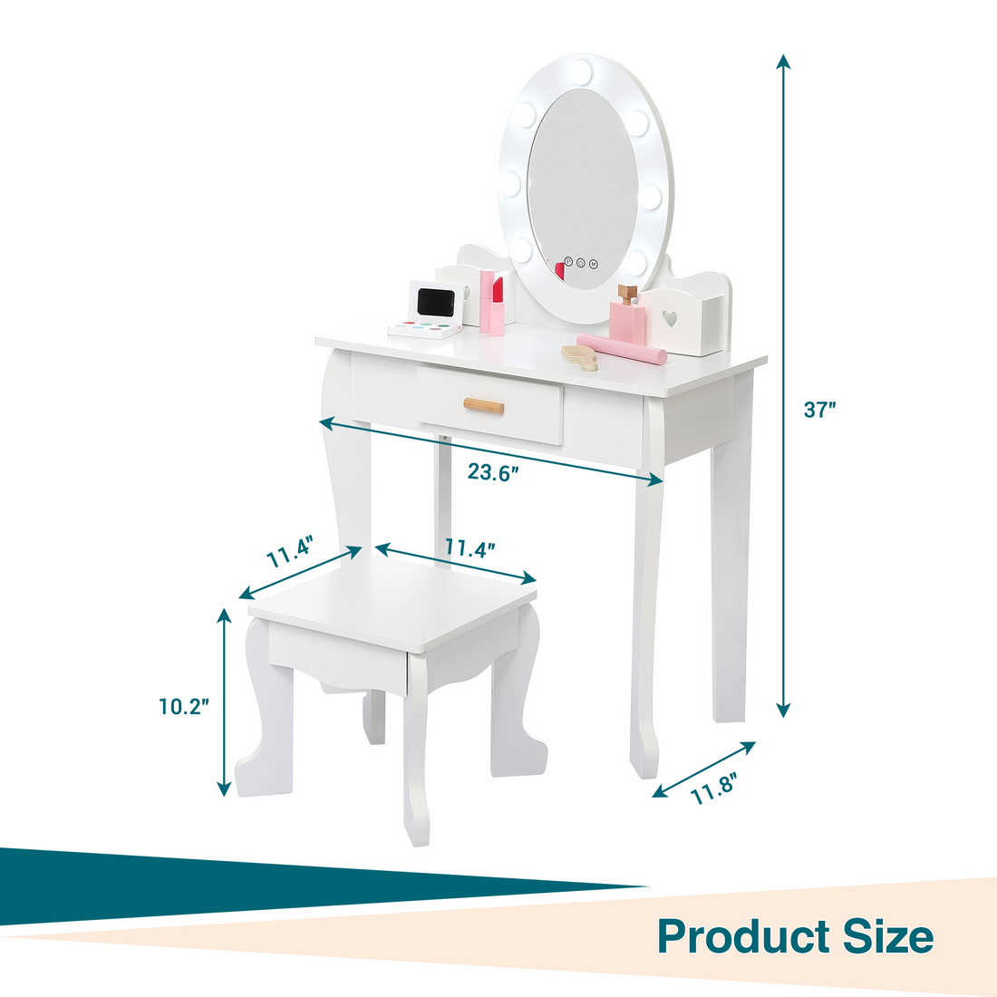 Set da toeletta per bambini Garvee con specchio e luce, in legno MDF, bordi arrotondati, sgabello, per bambine dai 4 ai 9 anni, bianco, per camera da letto e sala giochi