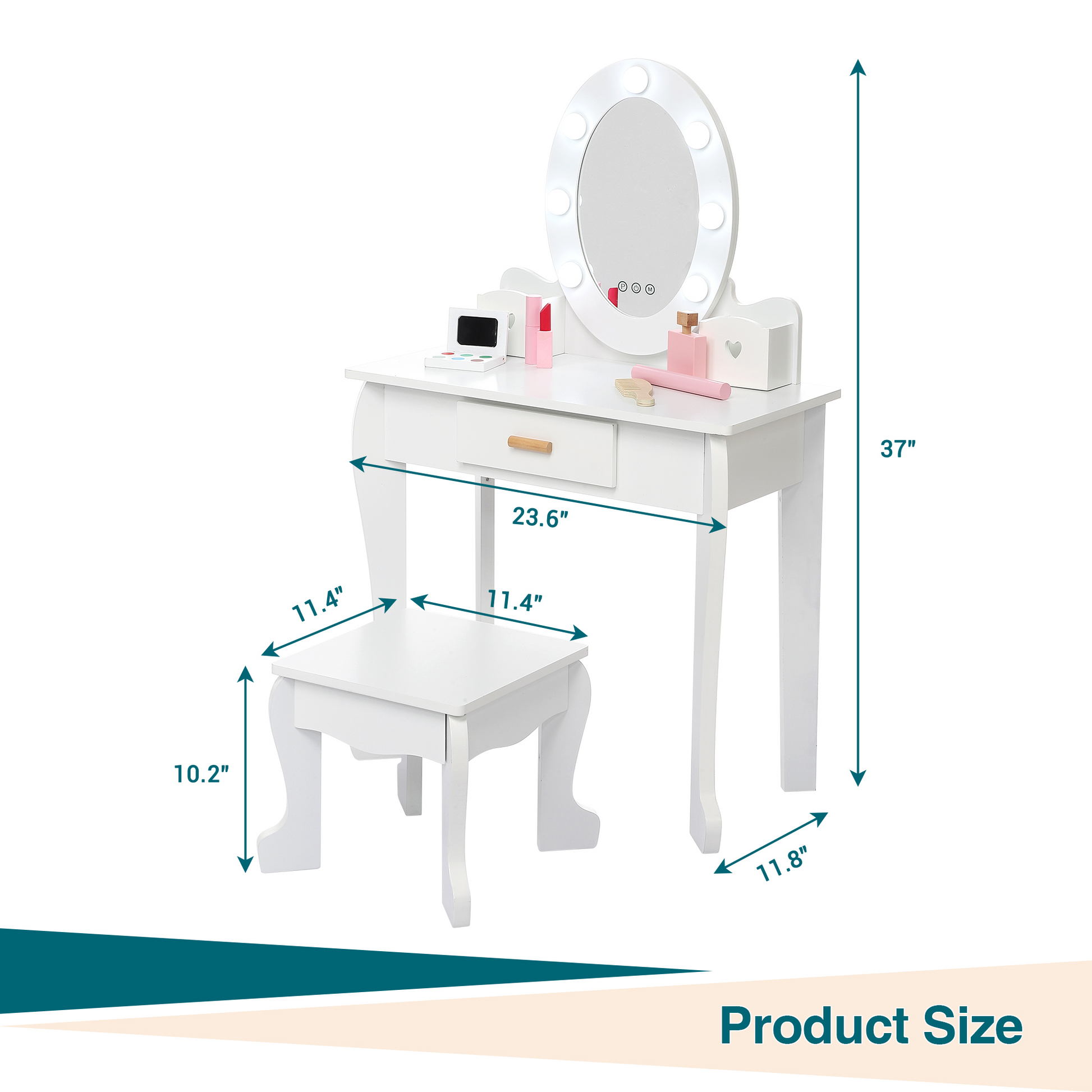 Set da toeletta per bambini Garvee con specchio e luce, in legno MDF, bordi arrotondati, sgabello, per bambine dai 4 ai 9 anni, bianco, per camera da letto e sala giochi