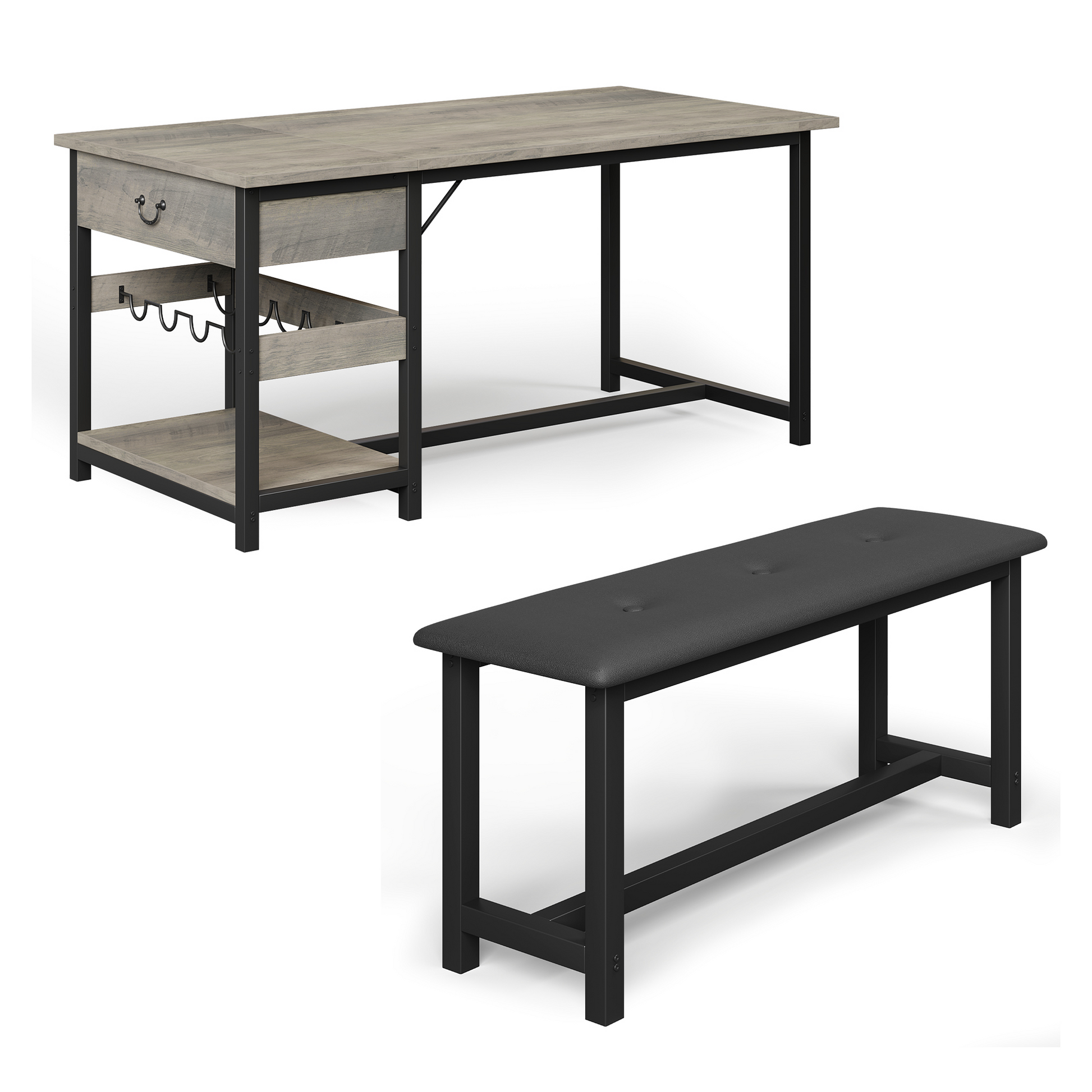 Set da pranzo Garvee per 4 persone con spazio di archiviazione e portabottiglie, panche imbottite, struttura in MDF e metallo, grigio, salvaspazio, stanze piccole
