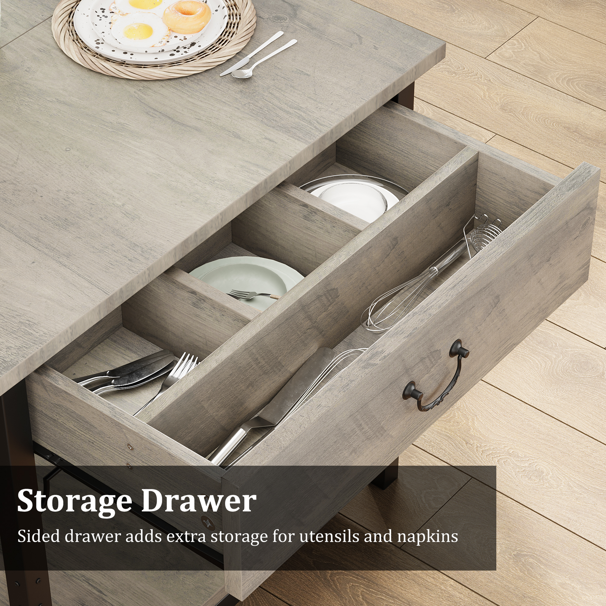 Set da pranzo Garvee per 4 persone con spazio di archiviazione e portabottiglie, panche imbottite, struttura in MDF e metallo, grigio, salvaspazio, stanze piccole