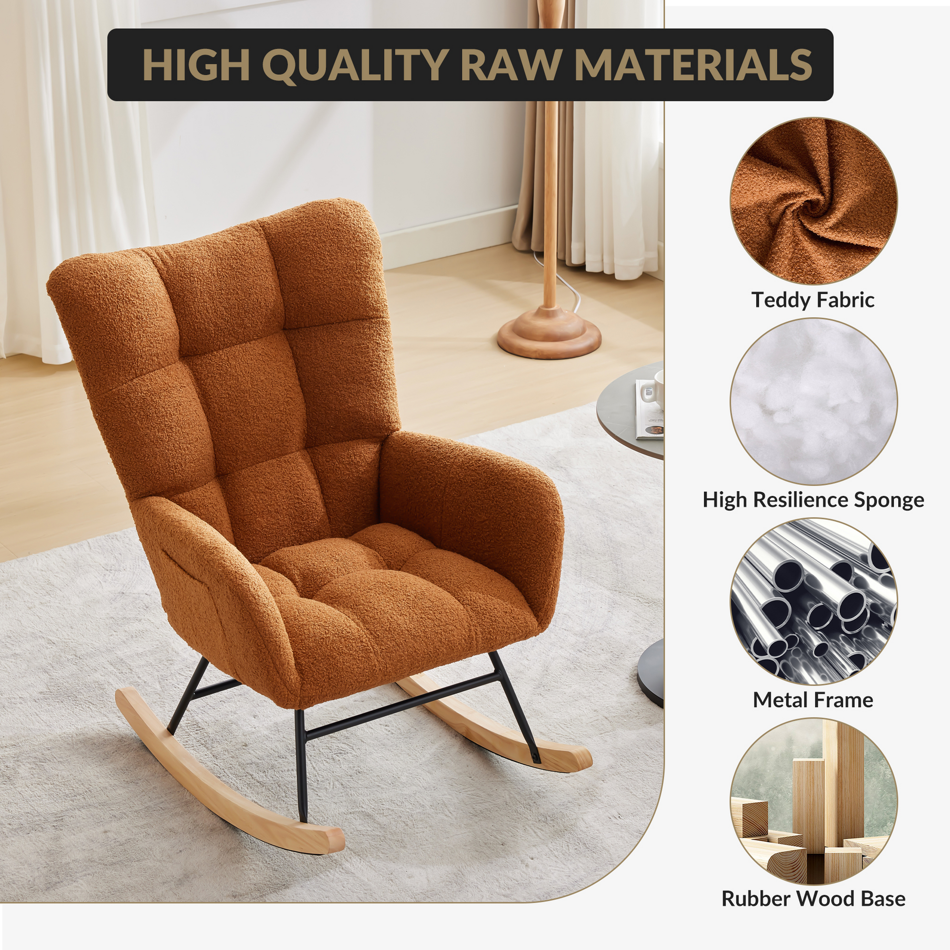 Sedia a dondolo per cameretta dei bambini Garvee, ergonomica, morbida, con rivestimento Teddy, struttura in ferro e gambe in legno, marrone, per allattamento e relax.