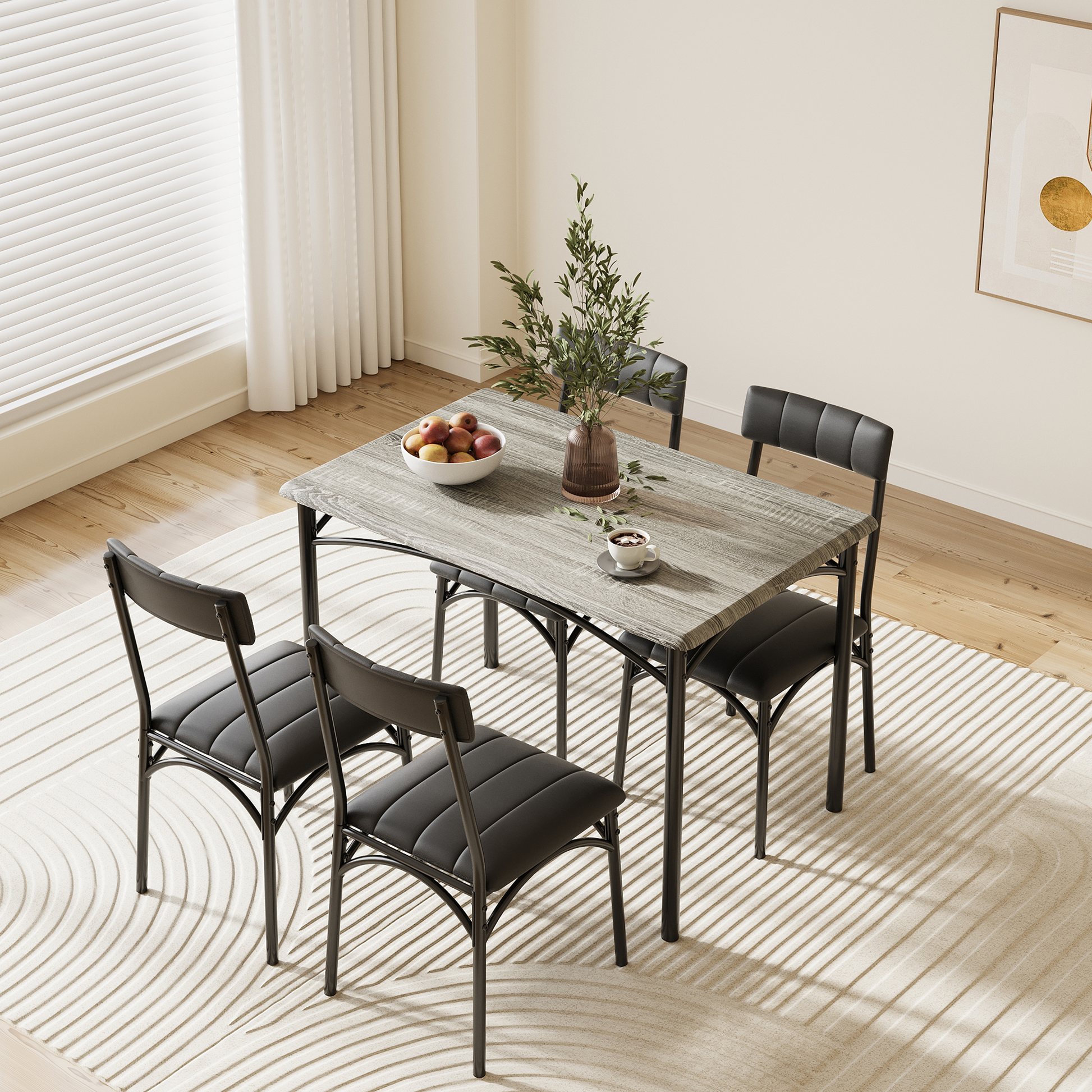 Set da pranzo Garvee, 5 pezzi, sedie imbottite, MDF robusto e acciaio, grigio rustico, per stanze e appartamenti di piccole dimensioni