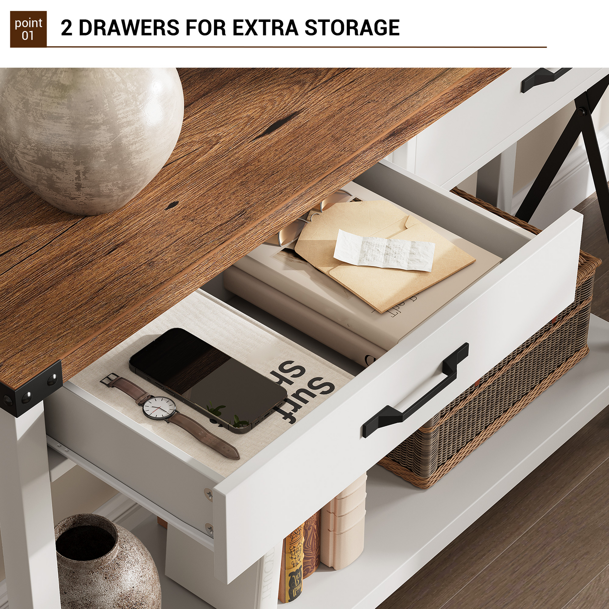 Consolle Garvee con 2 cassetti e ripiano, in legno e metallo, robusta, moderna e rustica, nera e bianca, per corridoio o soggiorno, 43"L x 30"W x 12"H