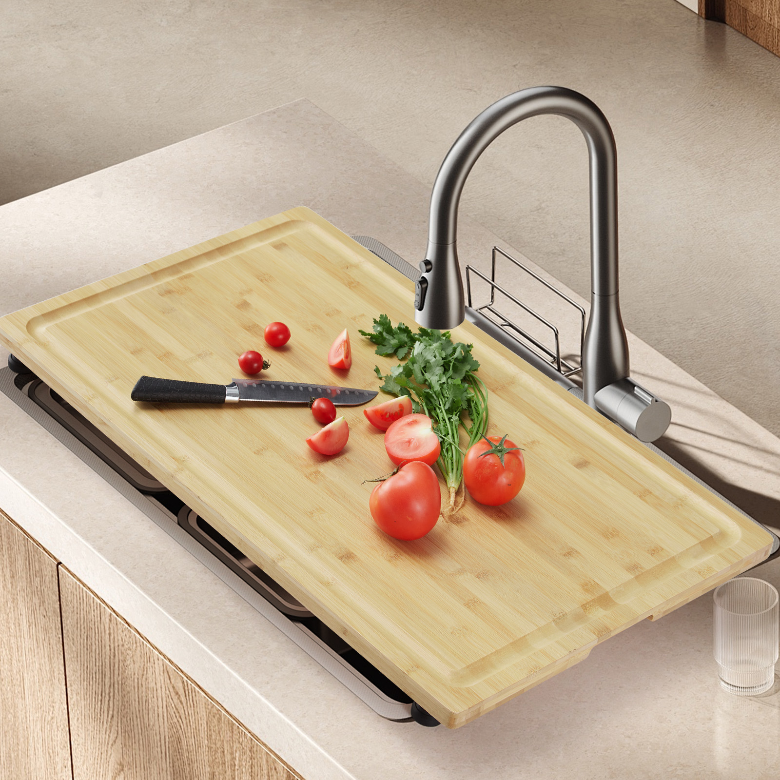 Tagliere in bambù e coprifornello Garvee – Con gambe regolabili, 76 x 50 cm, per camper e cucine