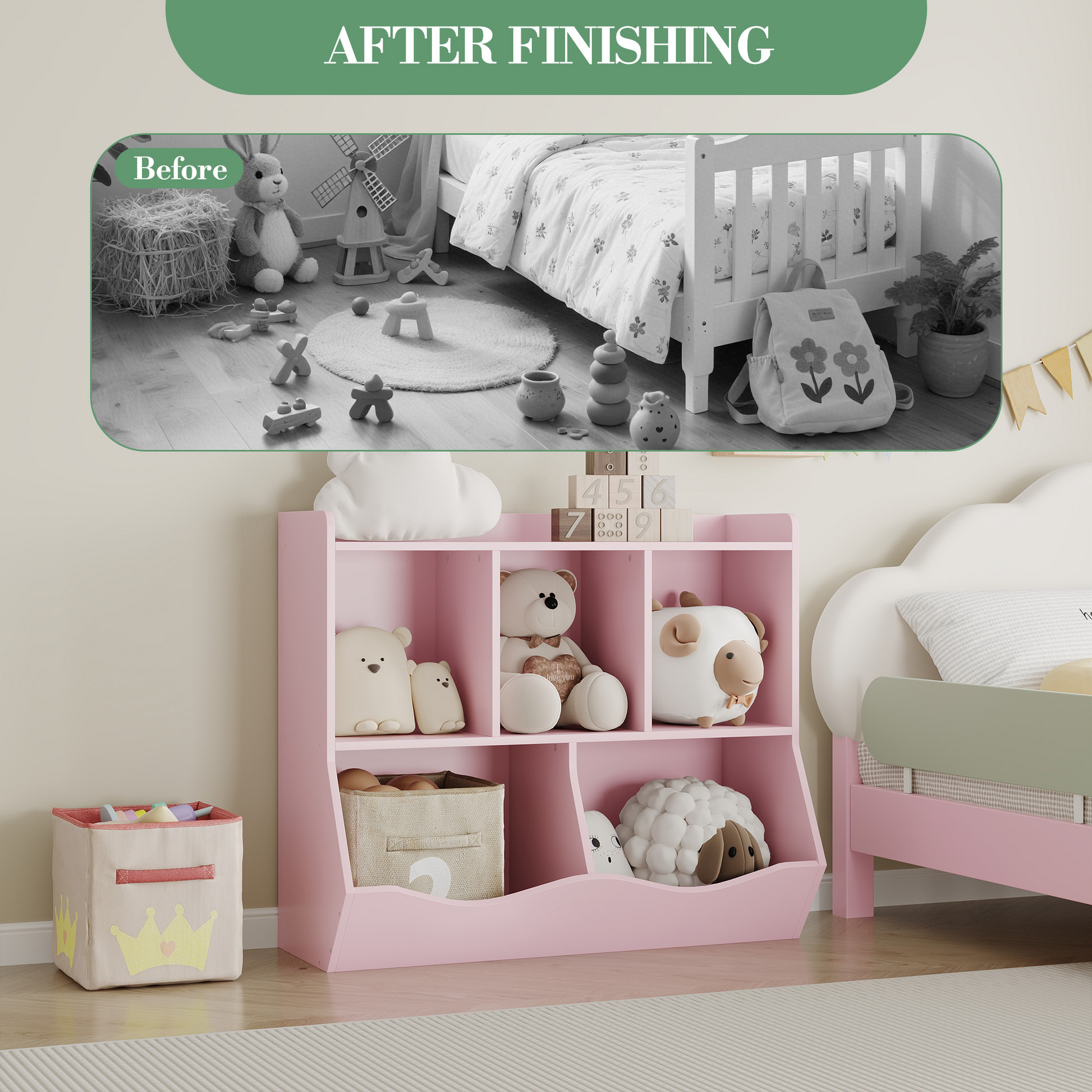 Libreria portagiochi per bambini Garvee con 3 ripiani e 2 contenitori ribaltabili, in legno, dispositivo antiribaltamento per camera da letto e sala giochi, 36x11x31 cm, marrone retrò