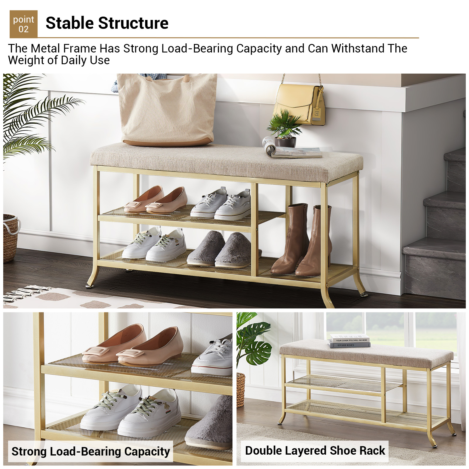 Scarpiera Garvee a 3 ripiani con panca imbottita, struttura in metallo, robusta per corridoio e camera da letto, 39,3x12,6x18,9 pollici, grigio