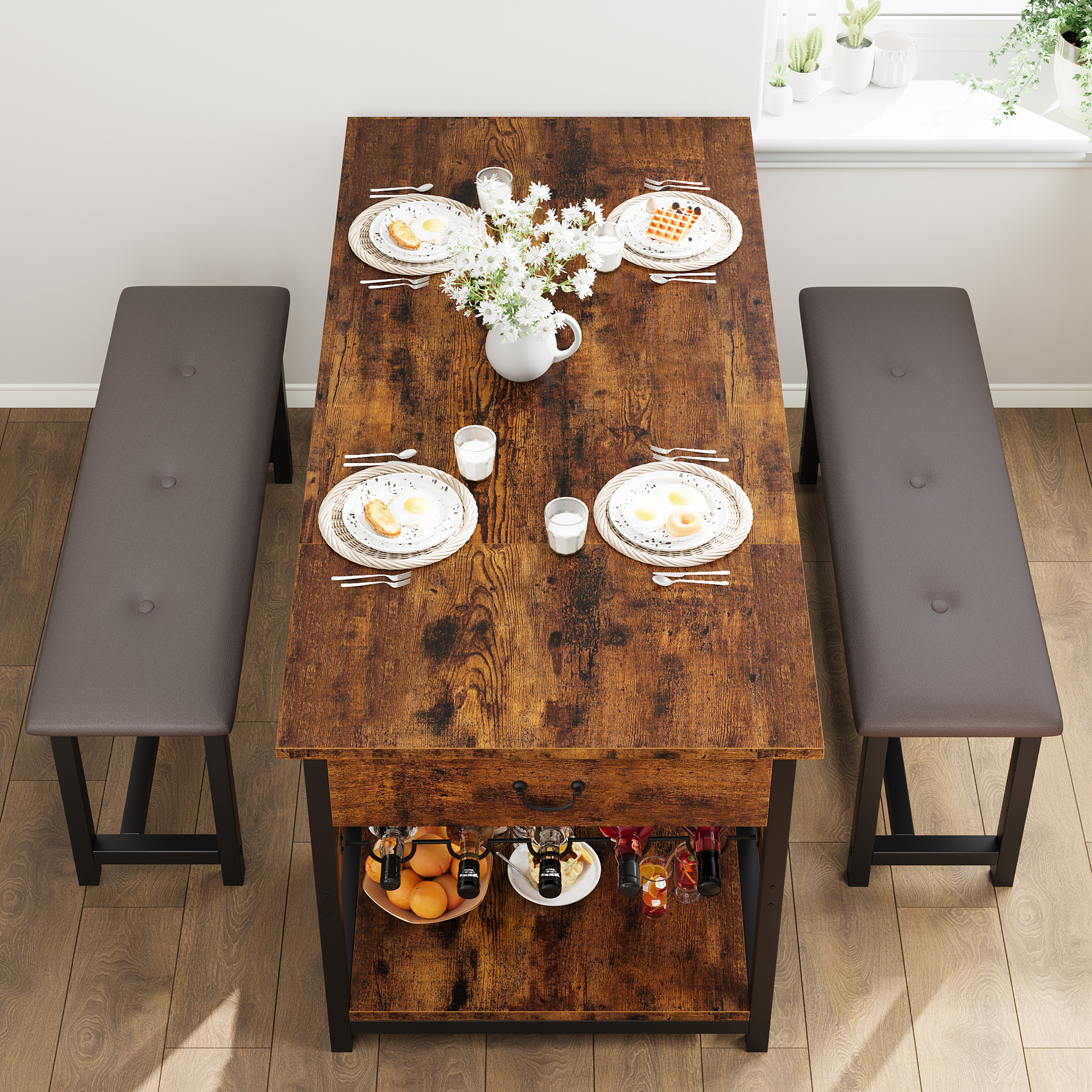 Set da pranzo Garvee per 4 persone con spazio di archiviazione e portabottiglie, panche imbottite, struttura in MDF e acciaio, marrone retrò, salvaspazio, cucine piccole