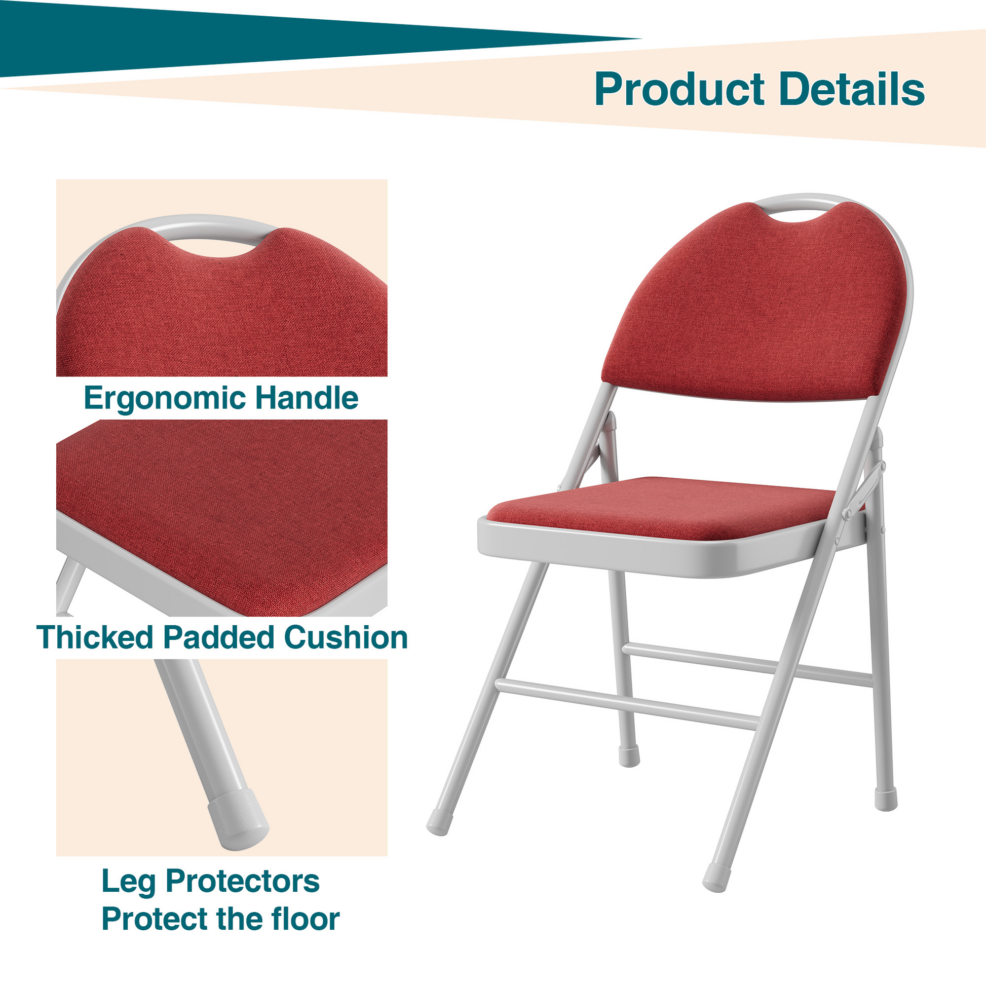 Garvee Set 2 sedie pieghevoli con tessuto in lino imbottito, metallo, ergonomiche, impilabili per campeggio e ufficio, rosso