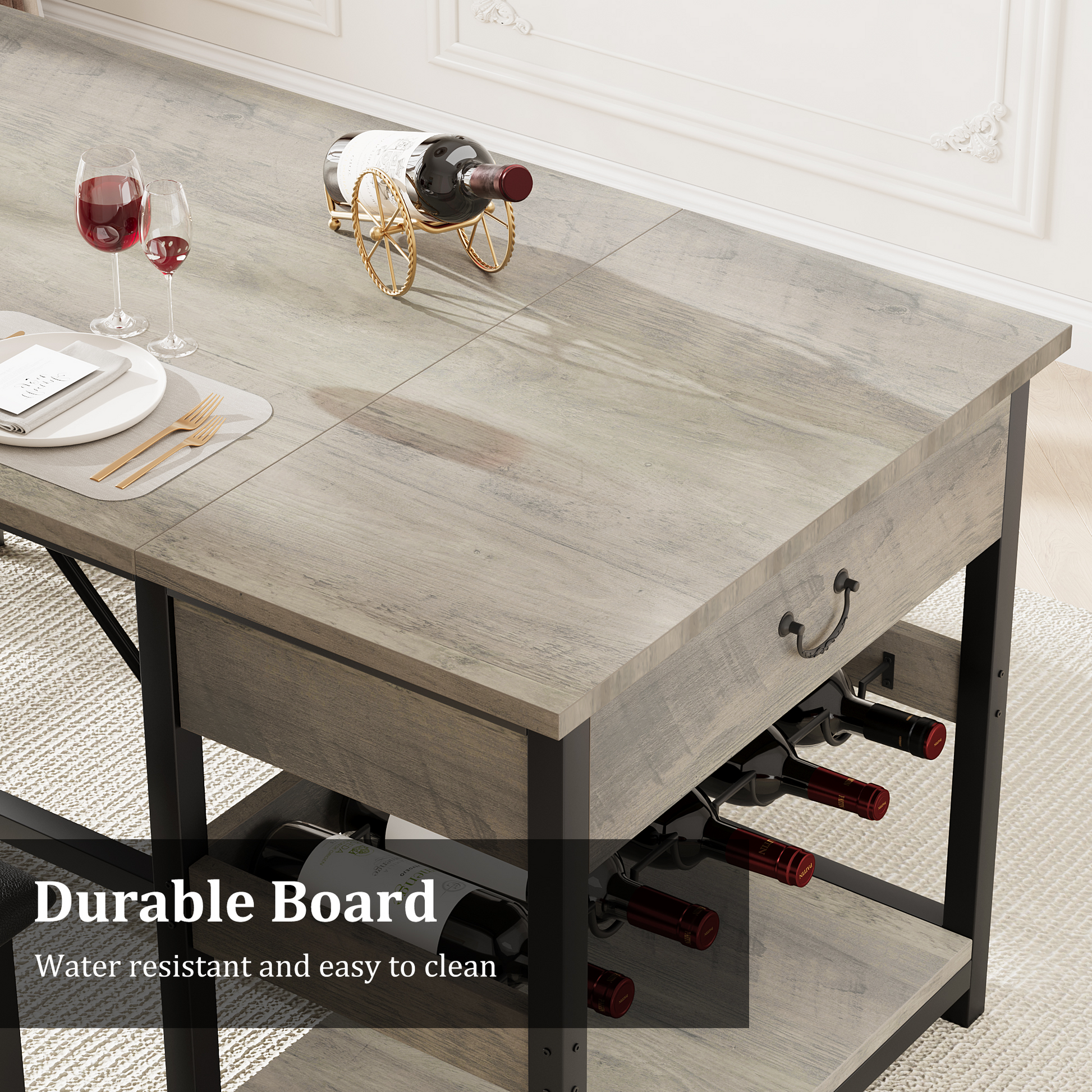 Set da pranzo Garvee per 4 persone con spazio di archiviazione e portabottiglie, panche imbottite, struttura in MDF e metallo, grigio, salvaspazio, stanze piccole