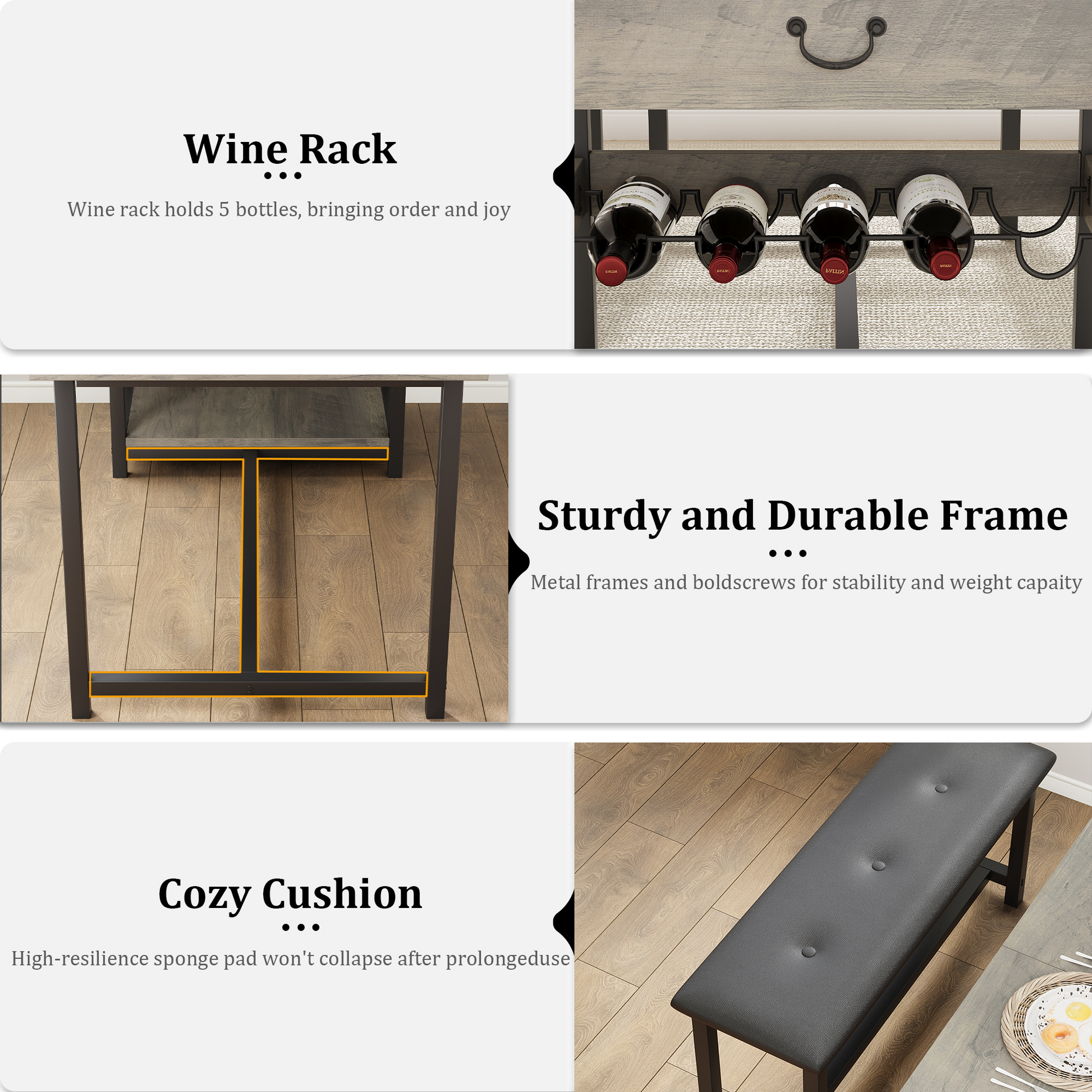 Set da pranzo Garvee per 4 persone con spazio di archiviazione e portabottiglie, panche imbottite, struttura in MDF e metallo, grigio, salvaspazio, stanze piccole