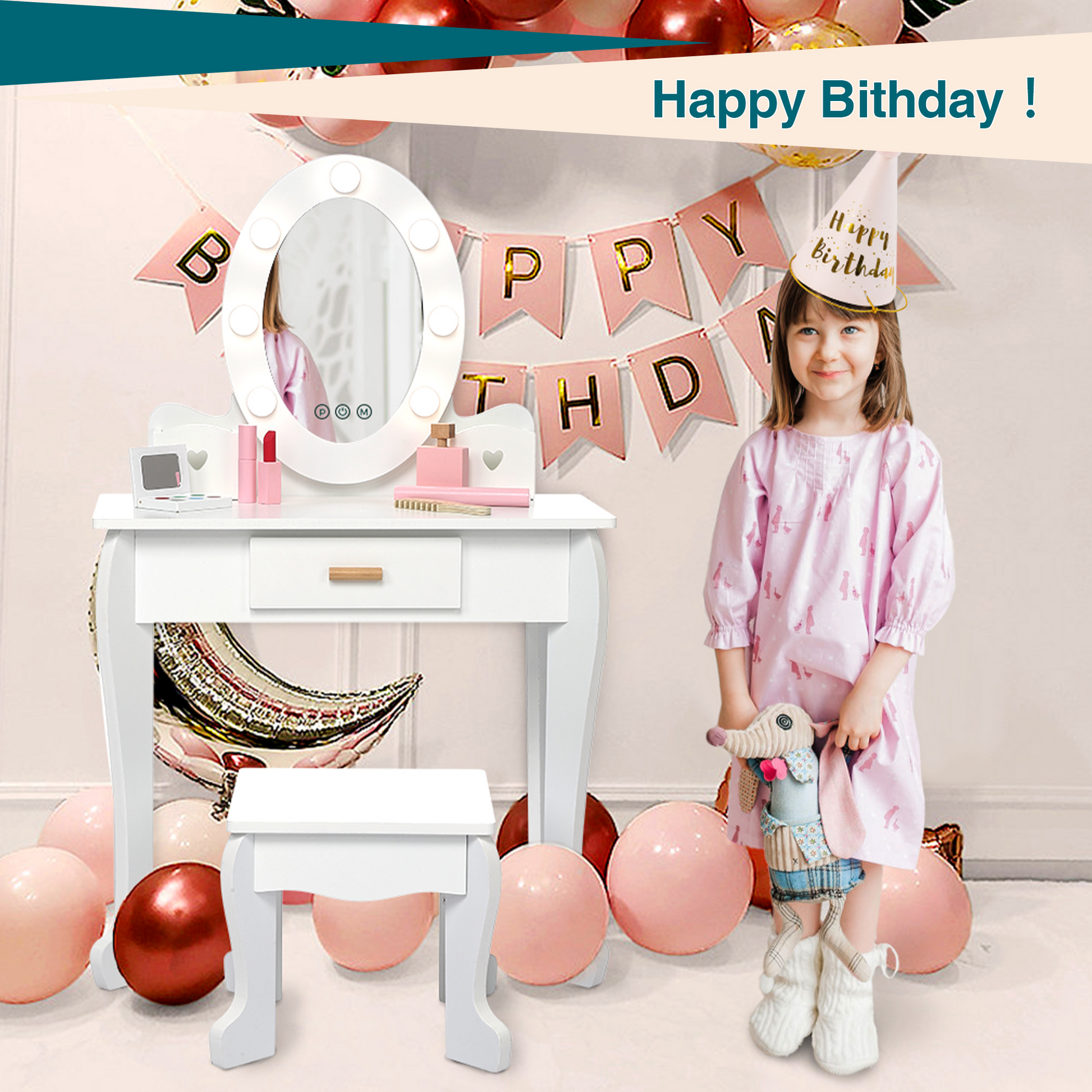 Set da toeletta per bambini Garvee con specchio e luce, in legno MDF, bordi arrotondati, sgabello, per bambine dai 4 ai 9 anni, bianco, per camera da letto e sala giochi