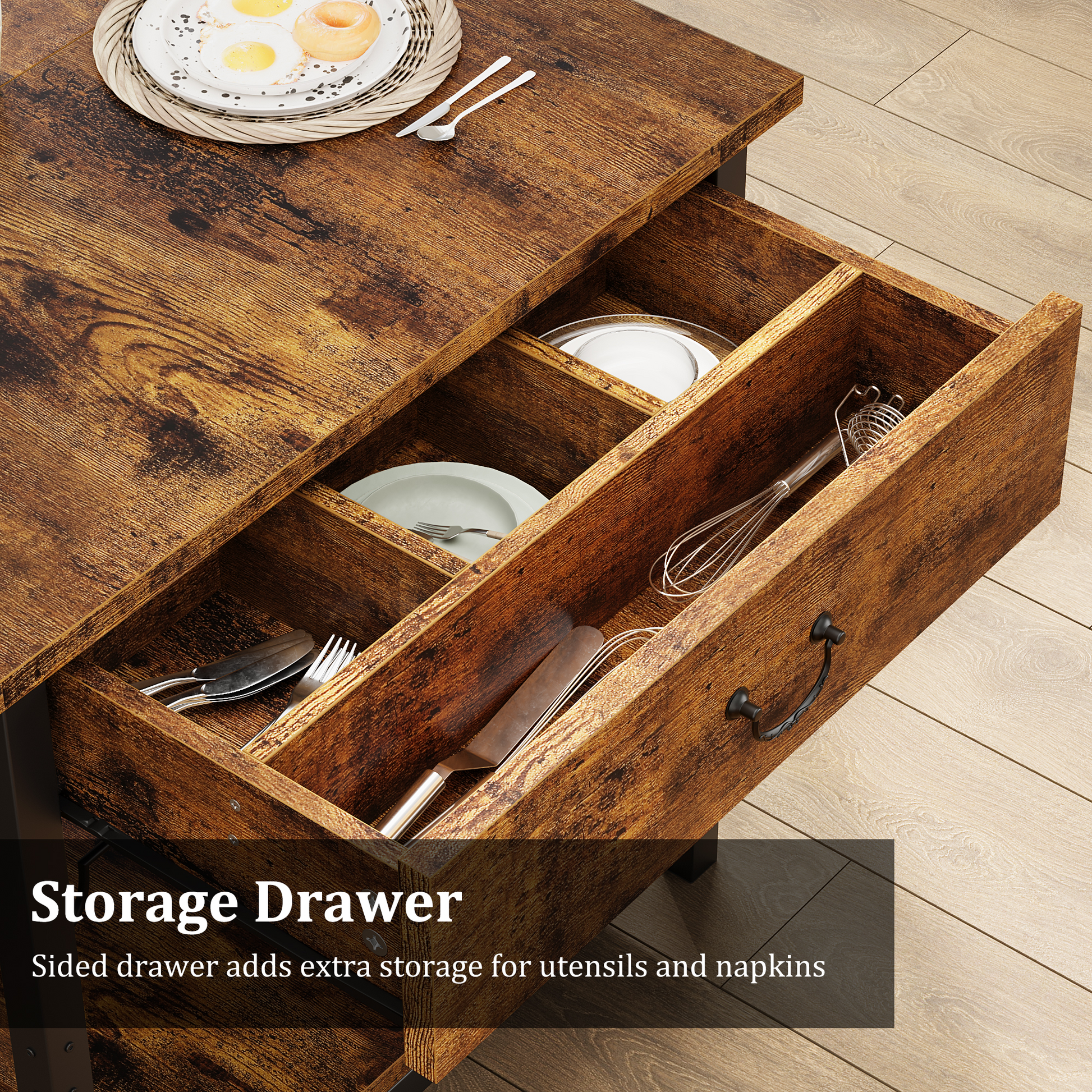 Set da pranzo Garvee per 4 persone con spazio di archiviazione e portabottiglie, panche imbottite, struttura in MDF e acciaio, marrone retrò, salvaspazio, cucine piccole