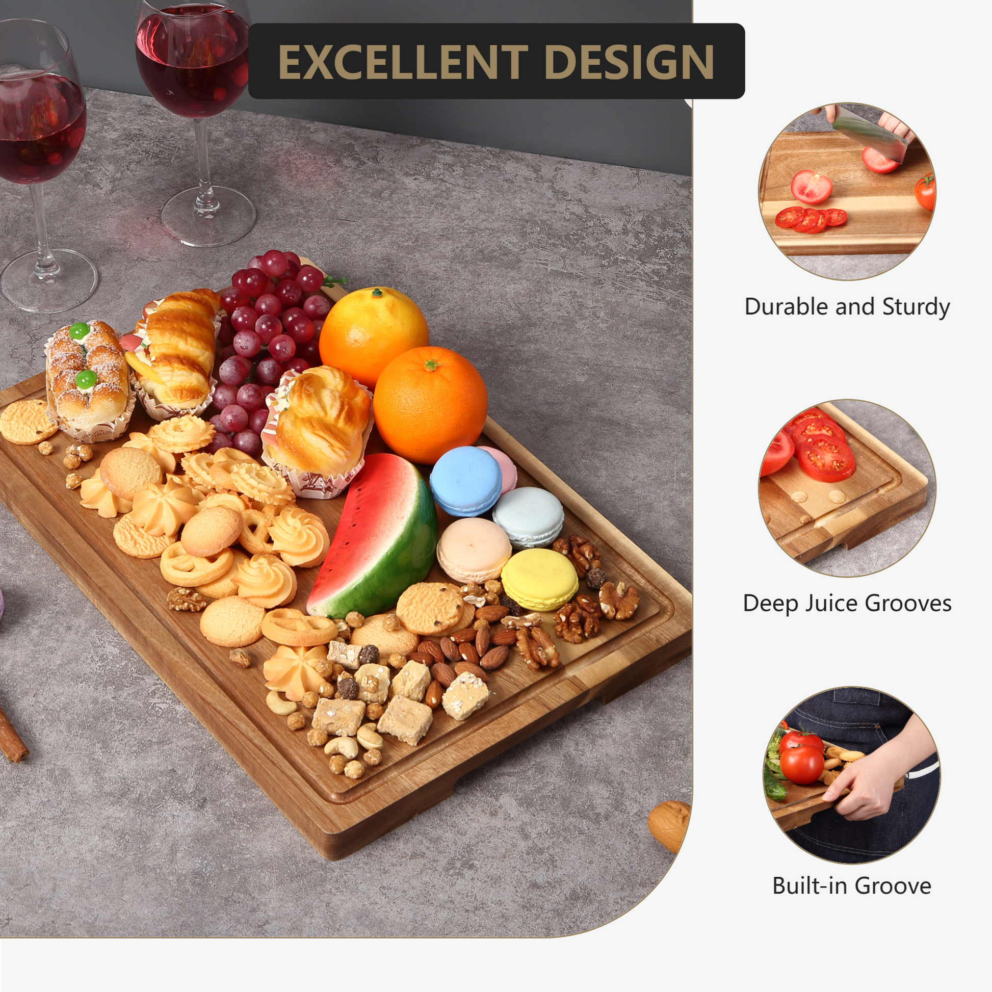 Tagliere extra large in legno di acacia Garvee 18x12" con scanalatura per il succo, manici, bordo rifinito, pre-oliato, robusto, versatile per la cucina