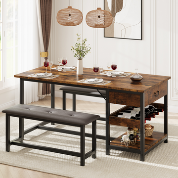 Set da pranzo Garvee per 4 persone con spazio di archiviazione e portabottiglie, panche imbottite, struttura in MDF e acciaio, marrone retrò, salvaspazio, cucine piccole