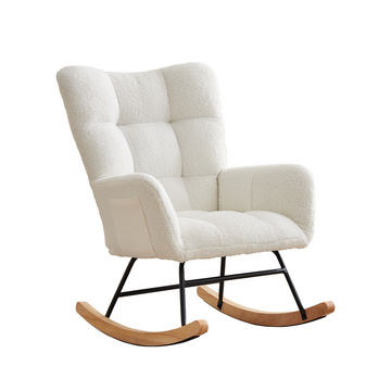 Sedia a dondolo per cameretta dei bambini Garvee con tessuto Teddy, ergonomica, stabile, struttura in ferro, gambe in legno, beige, per soggiorno e camera da letto