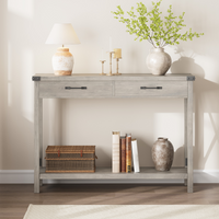 Consolle Garvee con 2 cassetti, stile rustico, ripiano portaoggetti, MDF e metallo, grigio, per corridoio e soggiorno