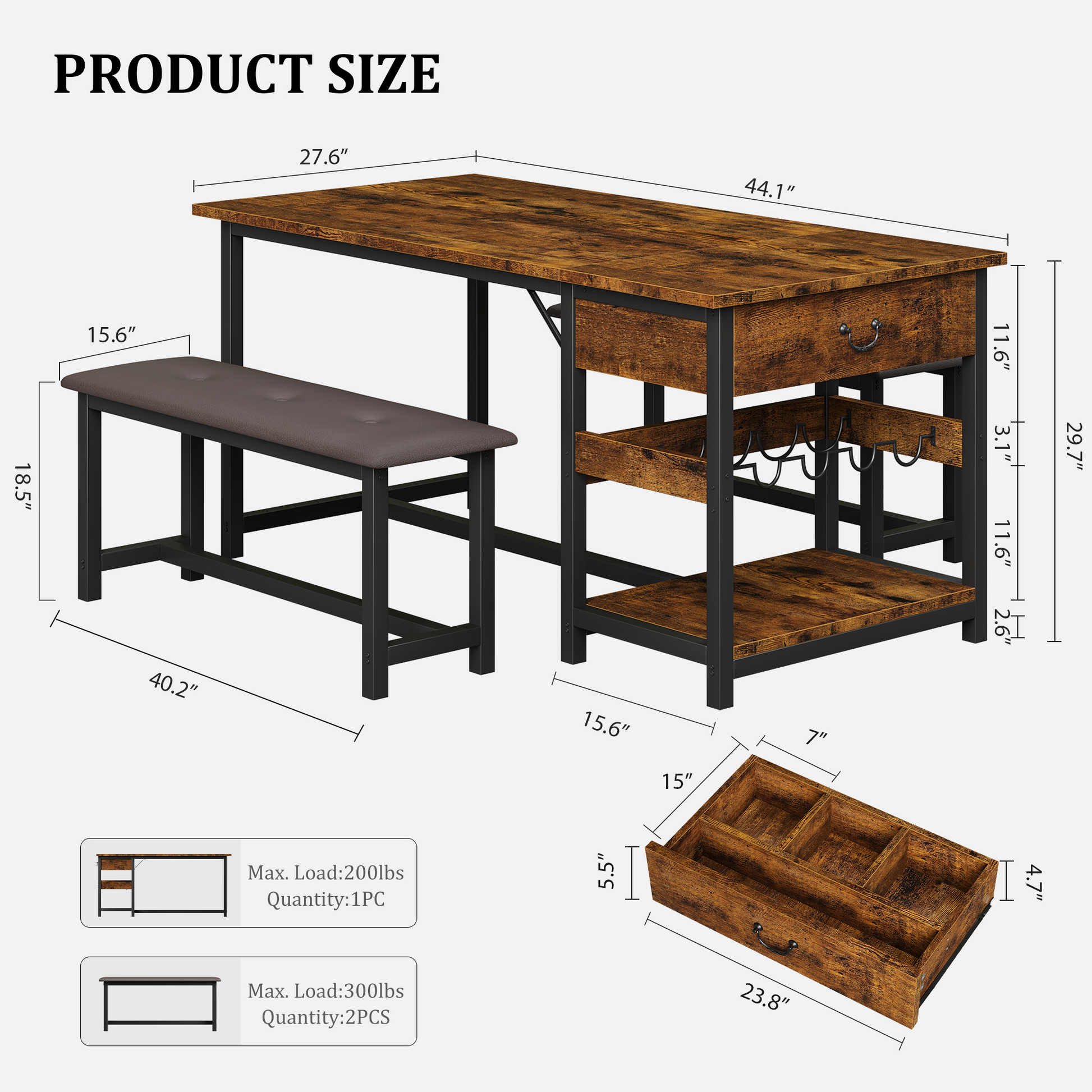 Set da pranzo Garvee per 4 persone con spazio di archiviazione e portabottiglie, panche imbottite, struttura in MDF e acciaio, marrone retrò, salvaspazio, cucine piccole