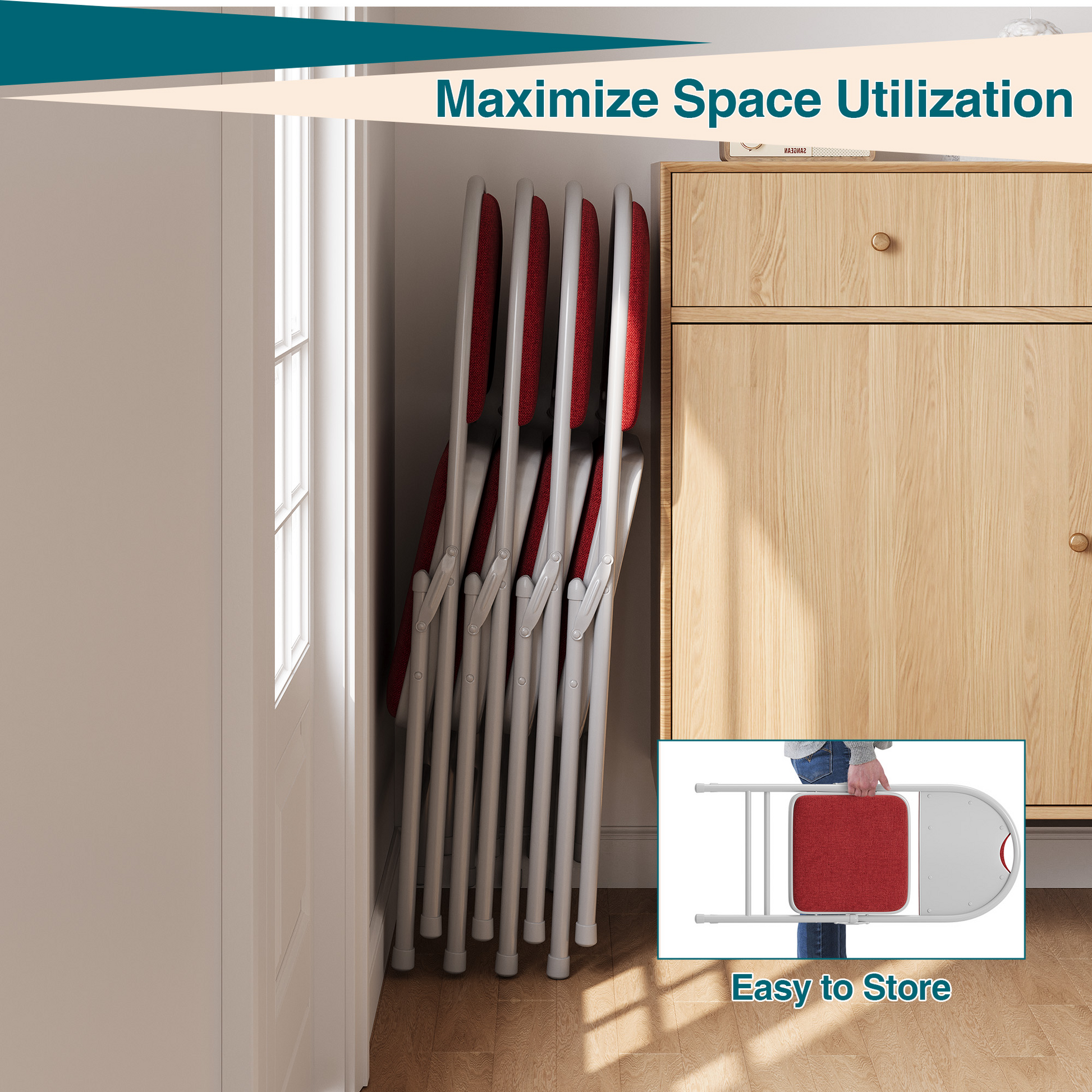 Garvee Set 2 sedie pieghevoli con tessuto in lino imbottito, metallo, ergonomiche, impilabili per campeggio e ufficio, rosso