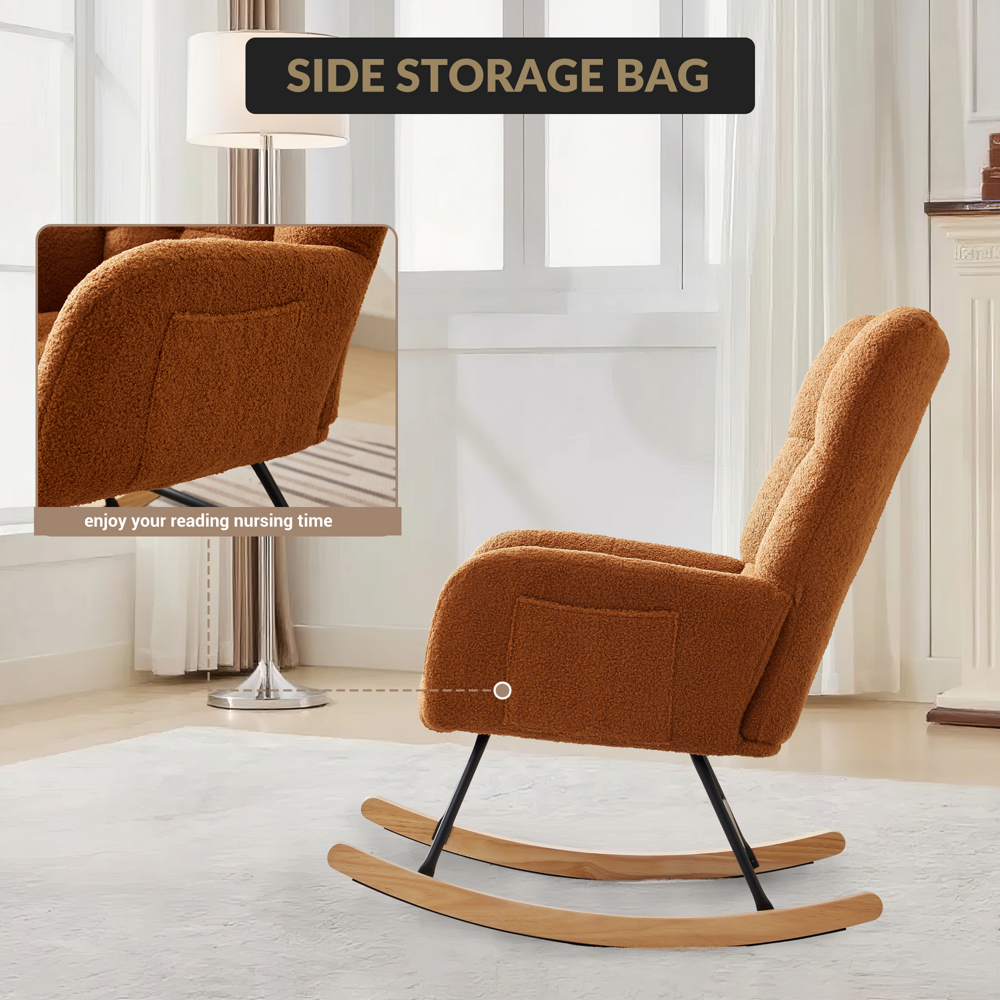 Sedia a dondolo per cameretta dei bambini Garvee, ergonomica, morbida, con rivestimento Teddy, struttura in ferro e gambe in legno, marrone, per allattamento e relax.