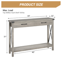 Consolle Garvee con 2 cassetti, stile rustico, ripiano portaoggetti, MDF e metallo, grigio, per corridoio e soggiorno