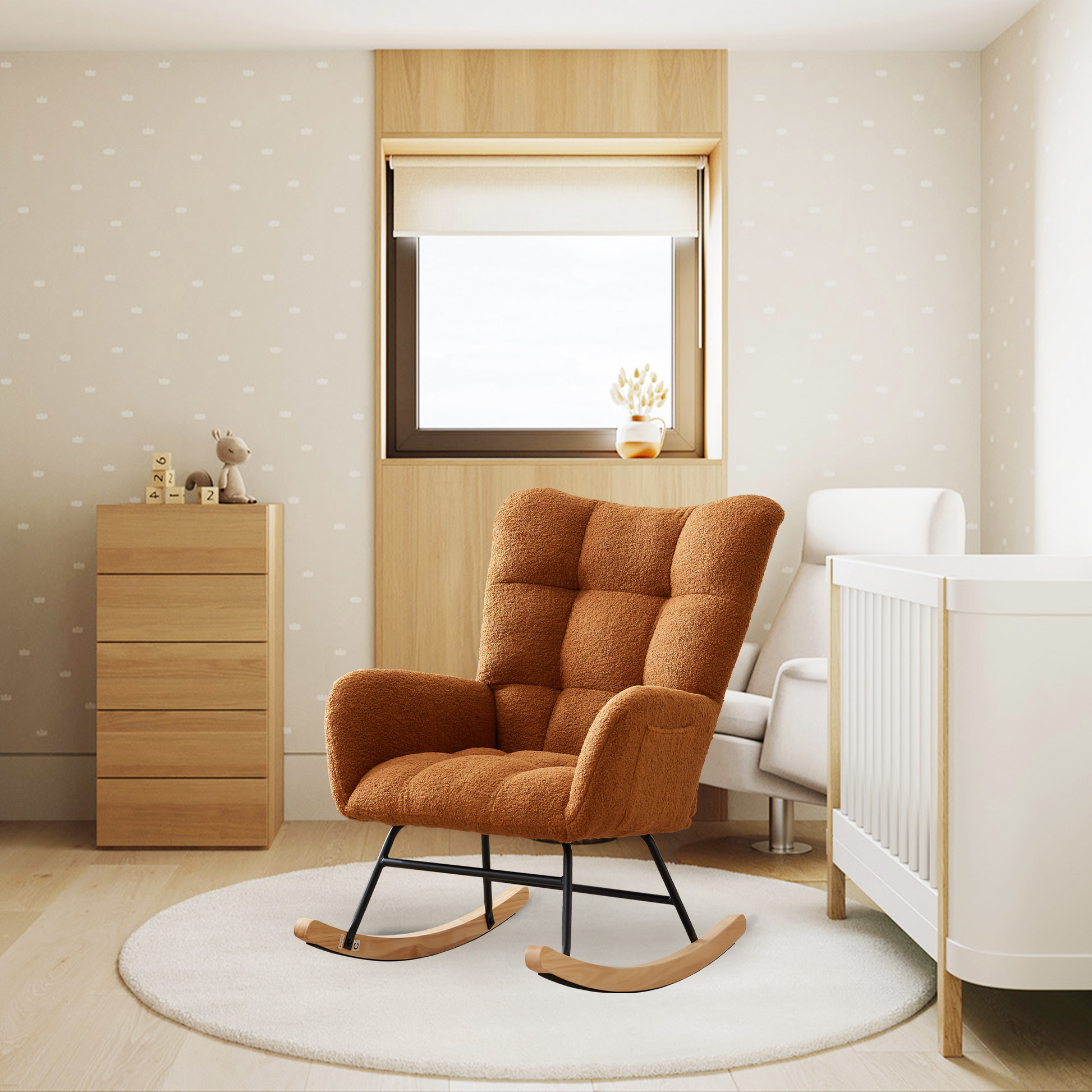 Sedia a dondolo per cameretta dei bambini Garvee, ergonomica, morbida, con rivestimento Teddy, struttura in ferro e gambe in legno, marrone, per allattamento e relax.