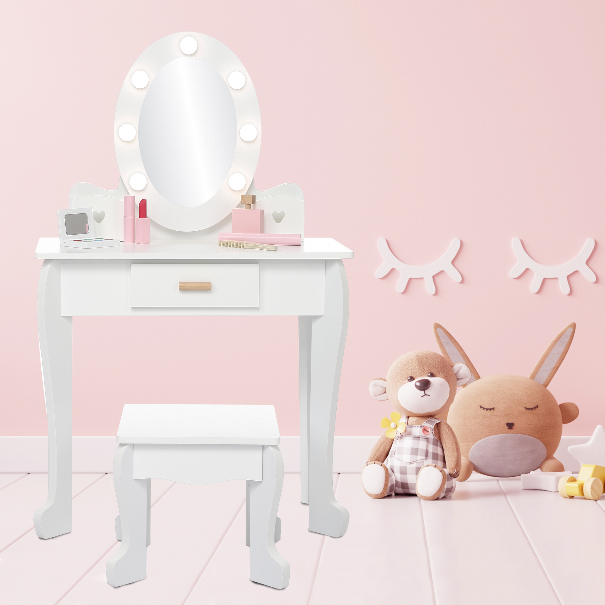 Set da toeletta per bambini Garvee con specchio e luce, in legno MDF, bordi arrotondati, sgabello, per bambine dai 4 ai 9 anni, bianco, per camera da letto e sala giochi