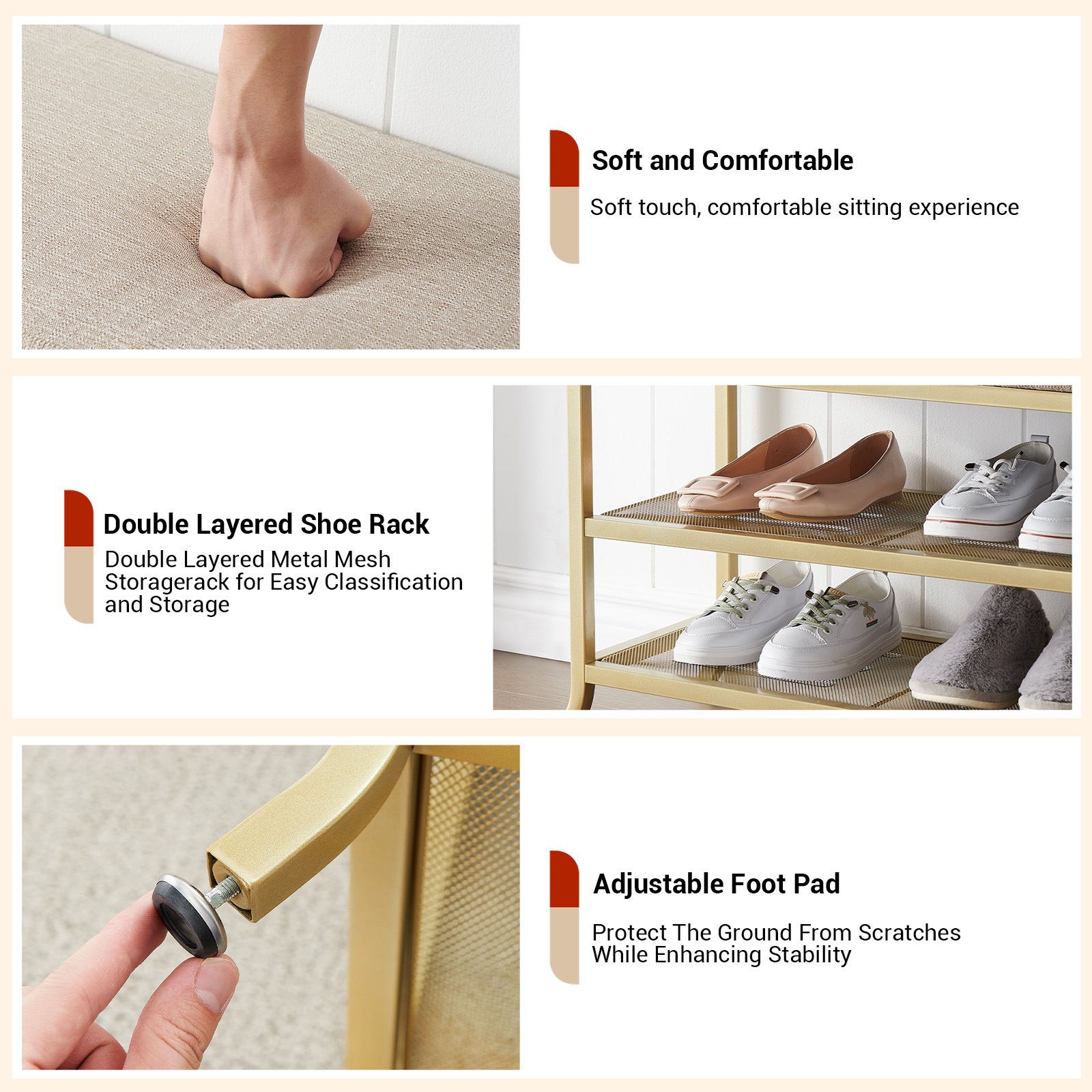 Scarpiera Garvee a 3 ripiani con panca imbottita, struttura in metallo, robusta per corridoio e camera da letto, 39,3x12,6x18,9 pollici, grigio