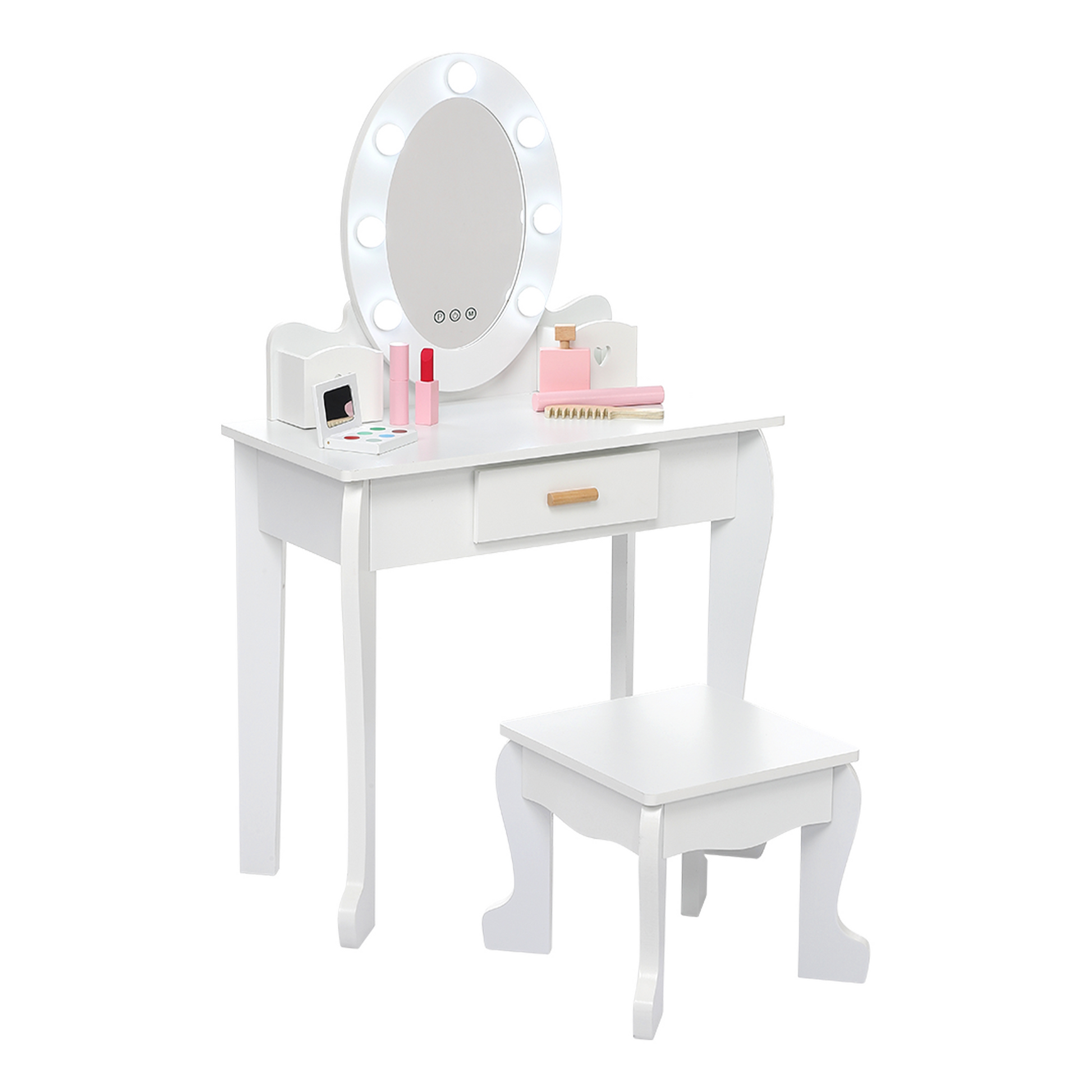 Set da toeletta per bambini Garvee con specchio e luce, in legno MDF, bordi arrotondati, sgabello, per bambine dai 4 ai 9 anni, bianco, per camera da letto e sala giochi