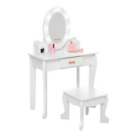 Set da toeletta per bambini Garvee con specchio e luce, in legno MDF, bordi arrotondati, sgabello, per bambine dai 4 ai 9 anni, bianco, per camera da letto e sala giochi
