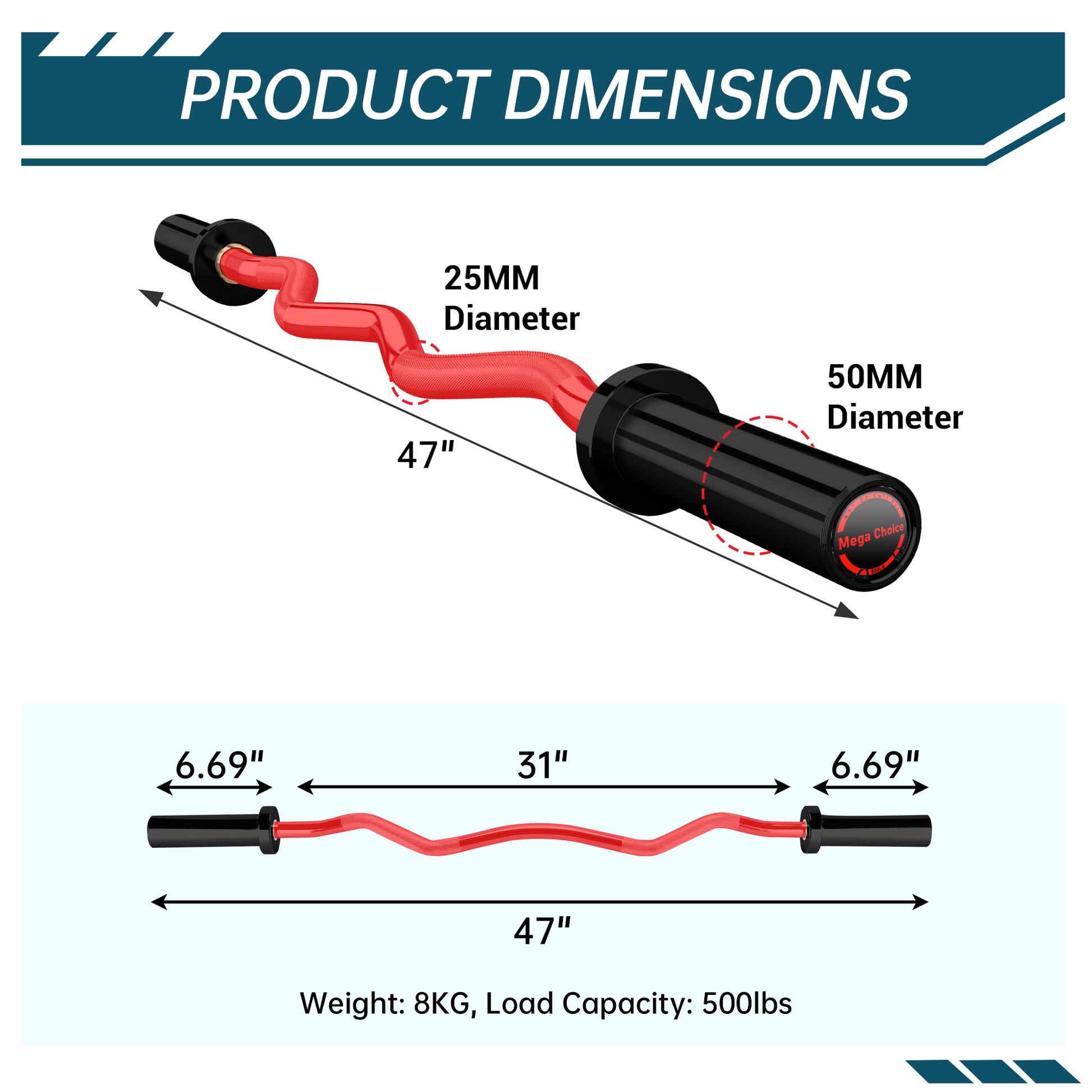 Bilanciere Garvee Olympic EZ Curl da 47" - Ergonomico, capacità 500 libbre, acciaio legato, manicotti in rame, pesi standard da 2", collari a molla, palestra