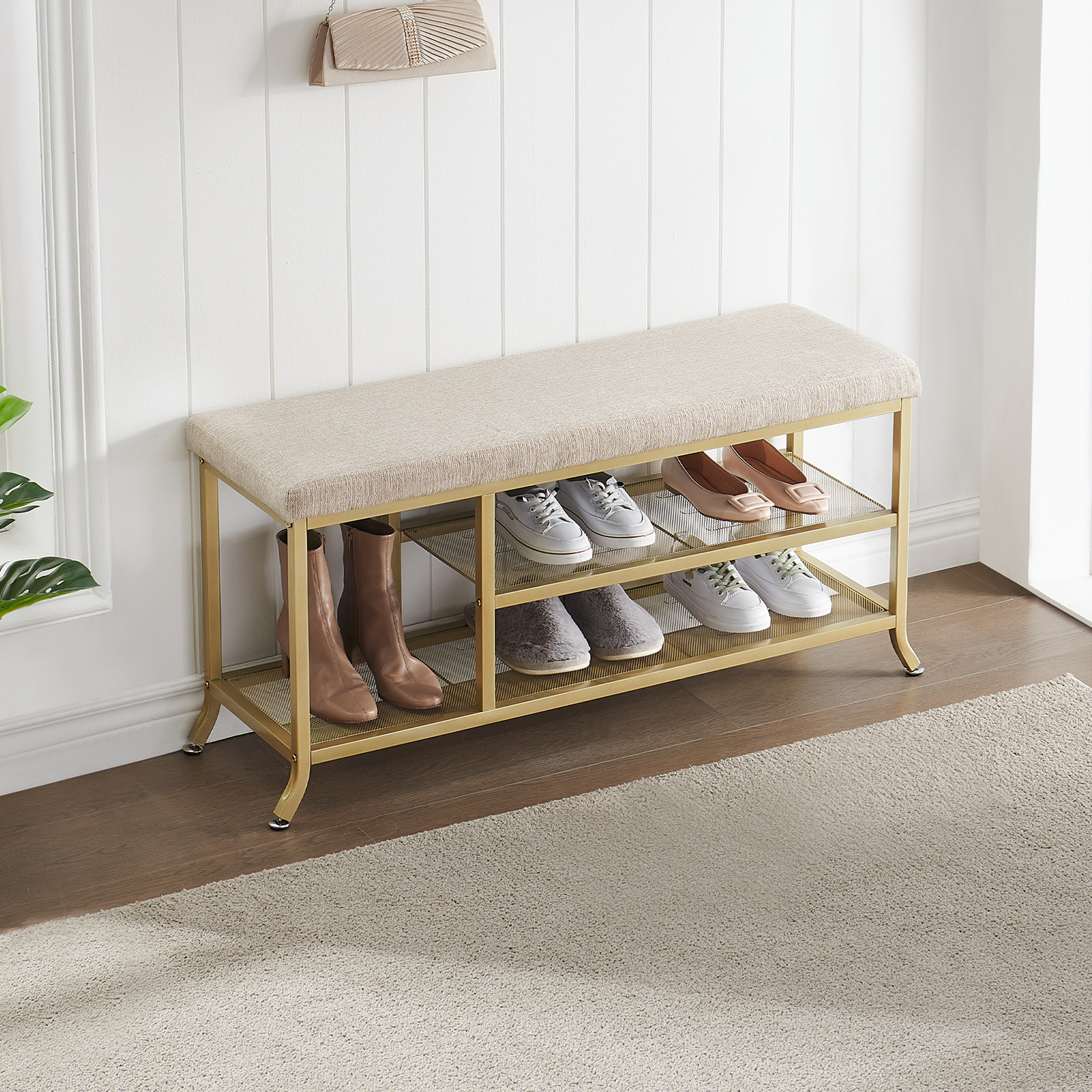 Scarpiera Garvee a 3 ripiani con panca imbottita, struttura in metallo, robusta per corridoio e camera da letto, 39,3x12,6x18,9 pollici, grigio