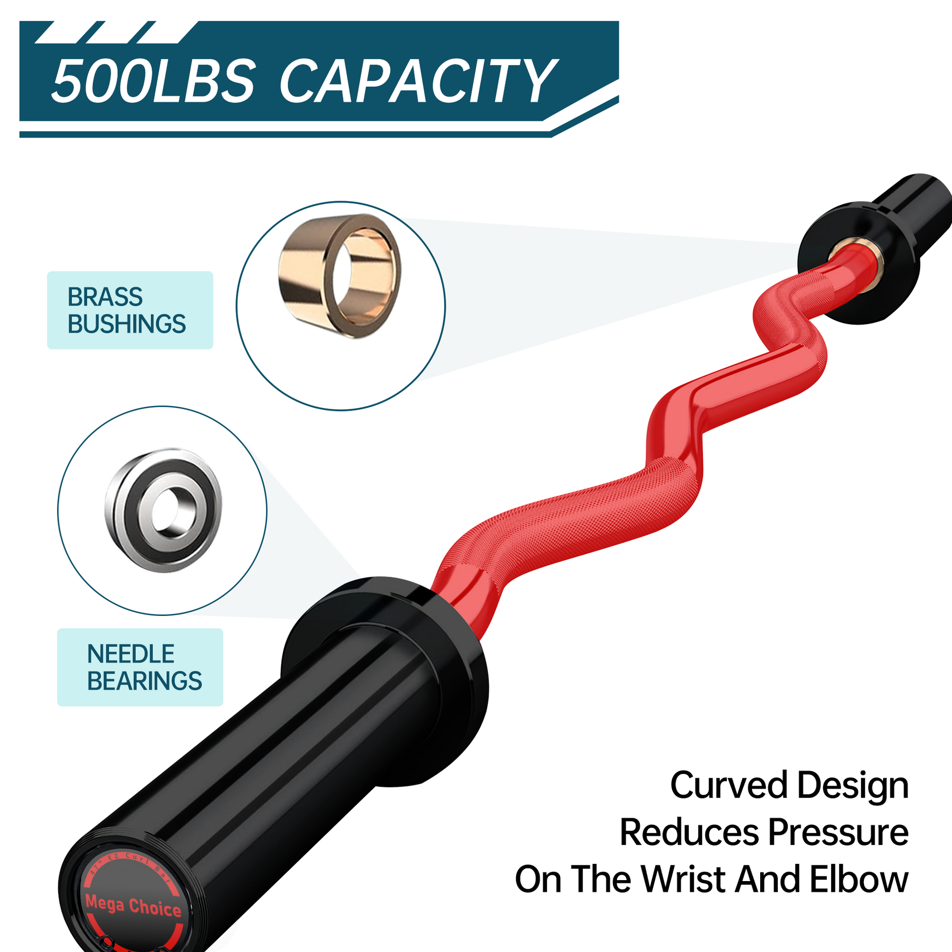 Bilanciere Garvee Olympic EZ Curl da 47" - Ergonomico, capacità 500 libbre, acciaio legato, manicotti in rame, pesi standard da 2", collari a molla, palestra