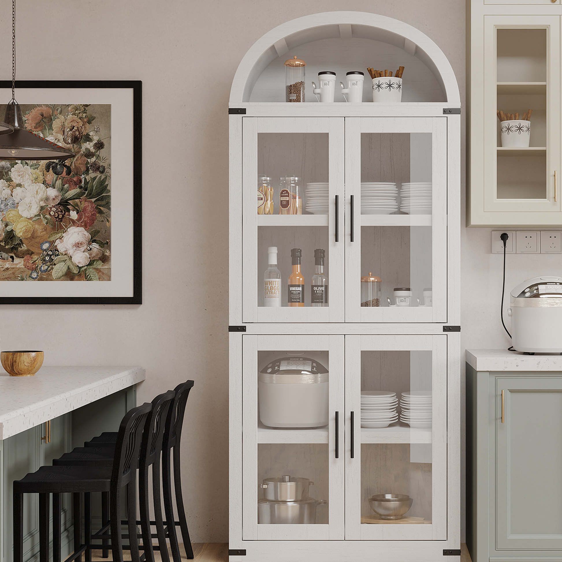 Mobiletto ad arco Garvey alto 71,6" per dispensa da cucina in legno stile fattoria, grande spazio di archiviazione, bianco