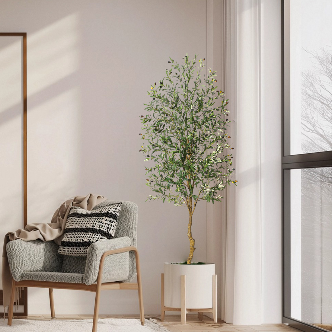 Albero di ulivo artificiale Garvee da 7 piedi con foglie e frutti realistici, struttura in metallo resistente per soggiorno e ufficio, facile da pulire, verde